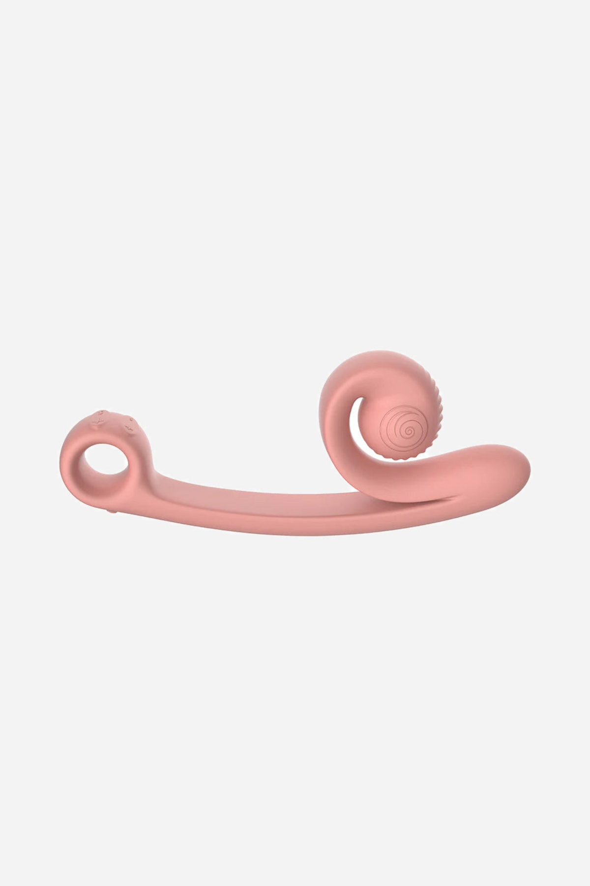 Side profile of the peach Snail Vibe Curve, laid flat to show the full length from the looped tail to the spiral clitoral head
