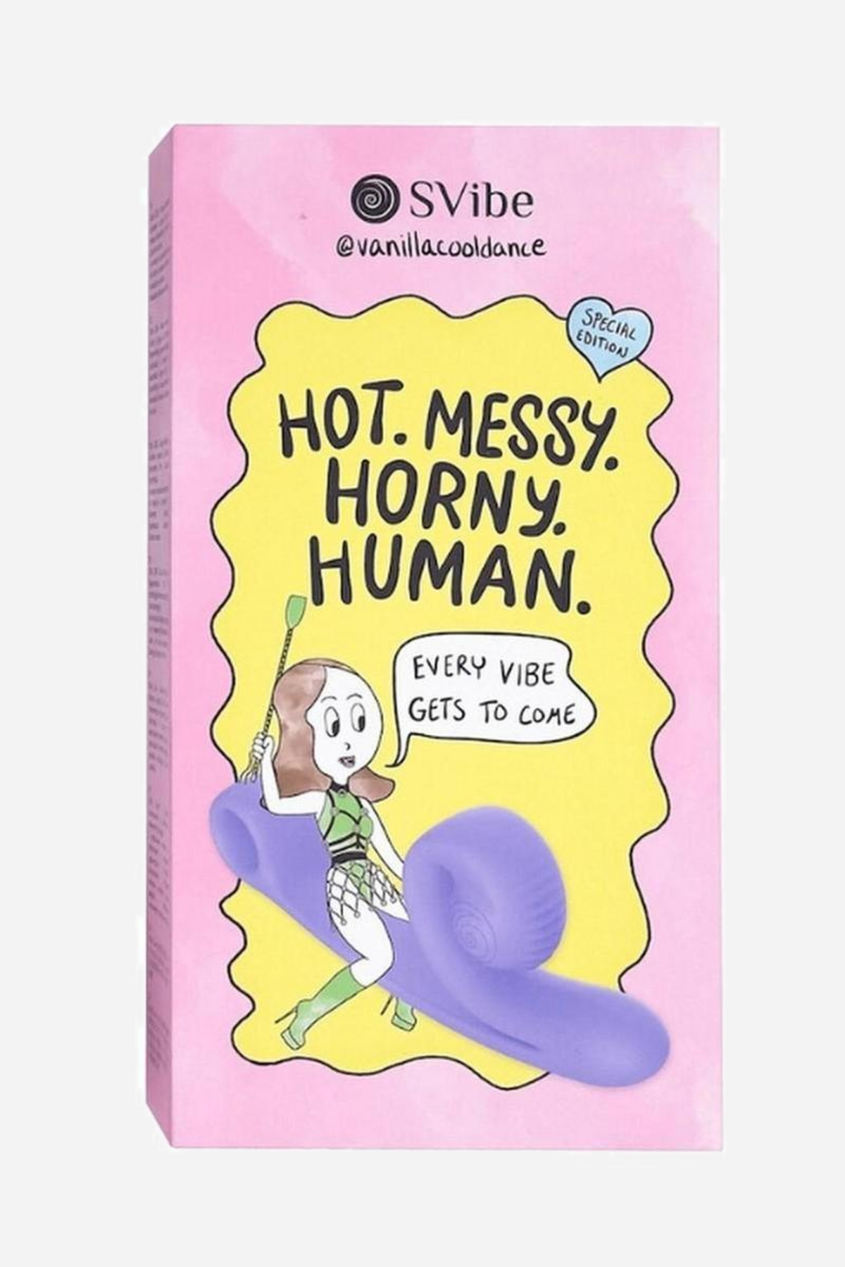 The Snail Vibe Curve box, a pink carton printed HOT. MESSY. HORNY. HUMAN. with an illustration of the periwinkle vibe below the text