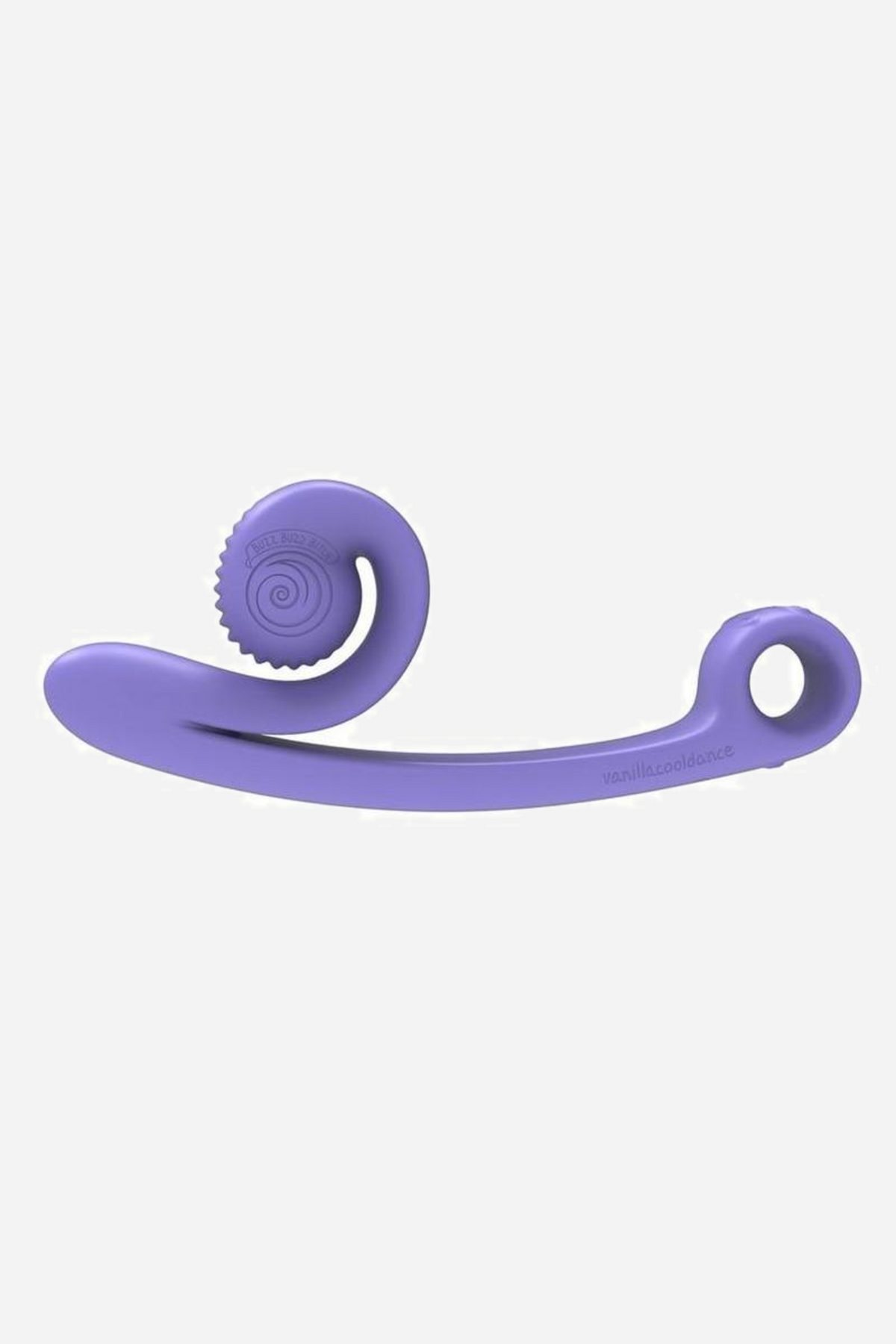 The Snail Vibe Curve in periwinkle, shown side on with the coiled clitoral head at one end and the curved shaft ending in a loop