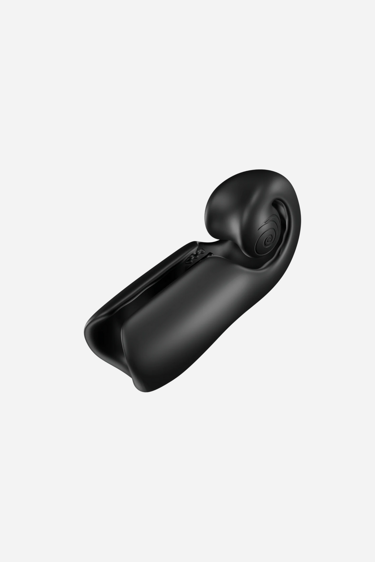 Snail Vibe Evo Vibrating Stroker in black, an open-top silicone masturbator with a curled snail head that wraps the penis tip and shaft