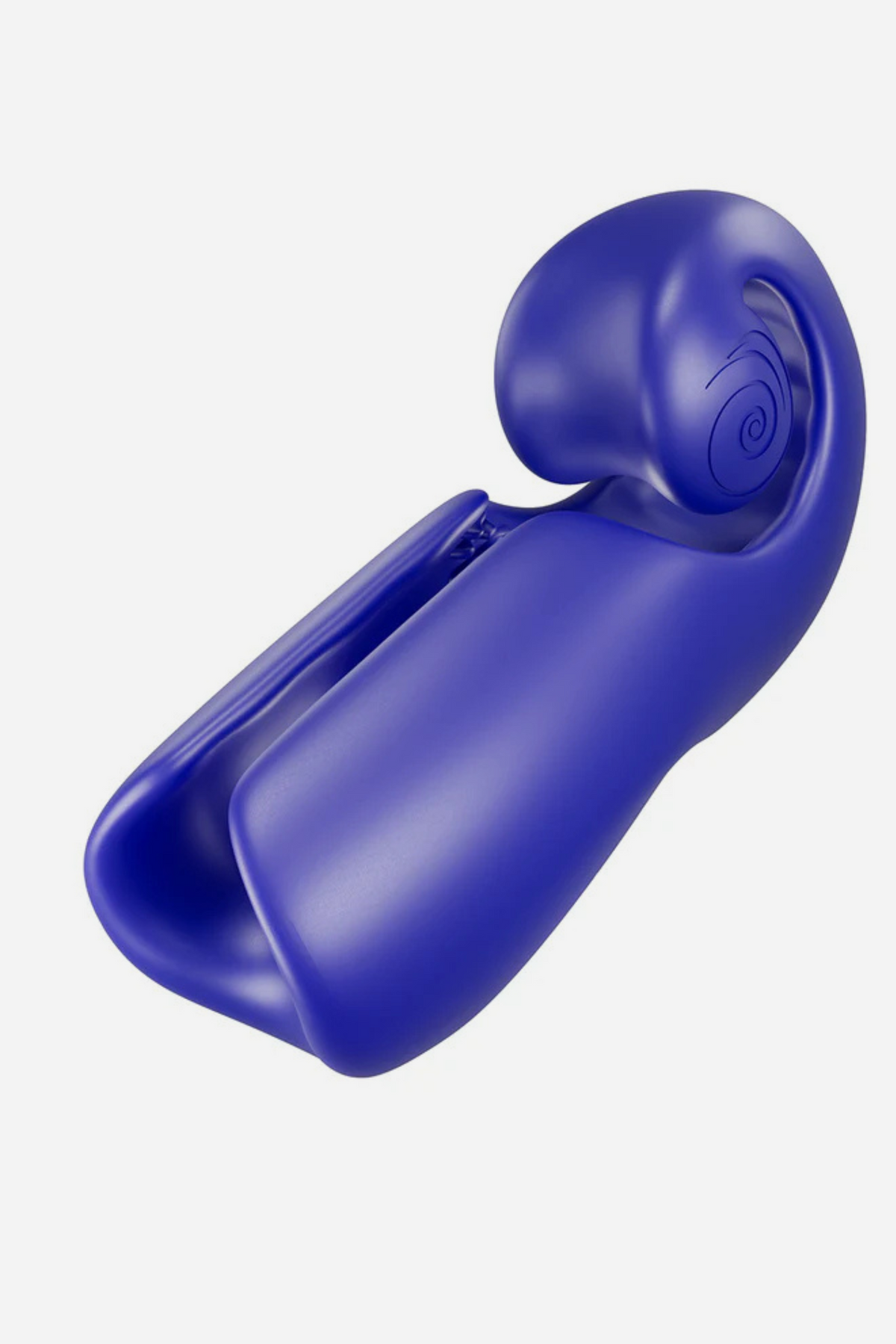 Snail Vibe Evo Vibrating Stroker in navy shown at an angle, with the open sleeve for the shaft and the spiral snail head for the tip