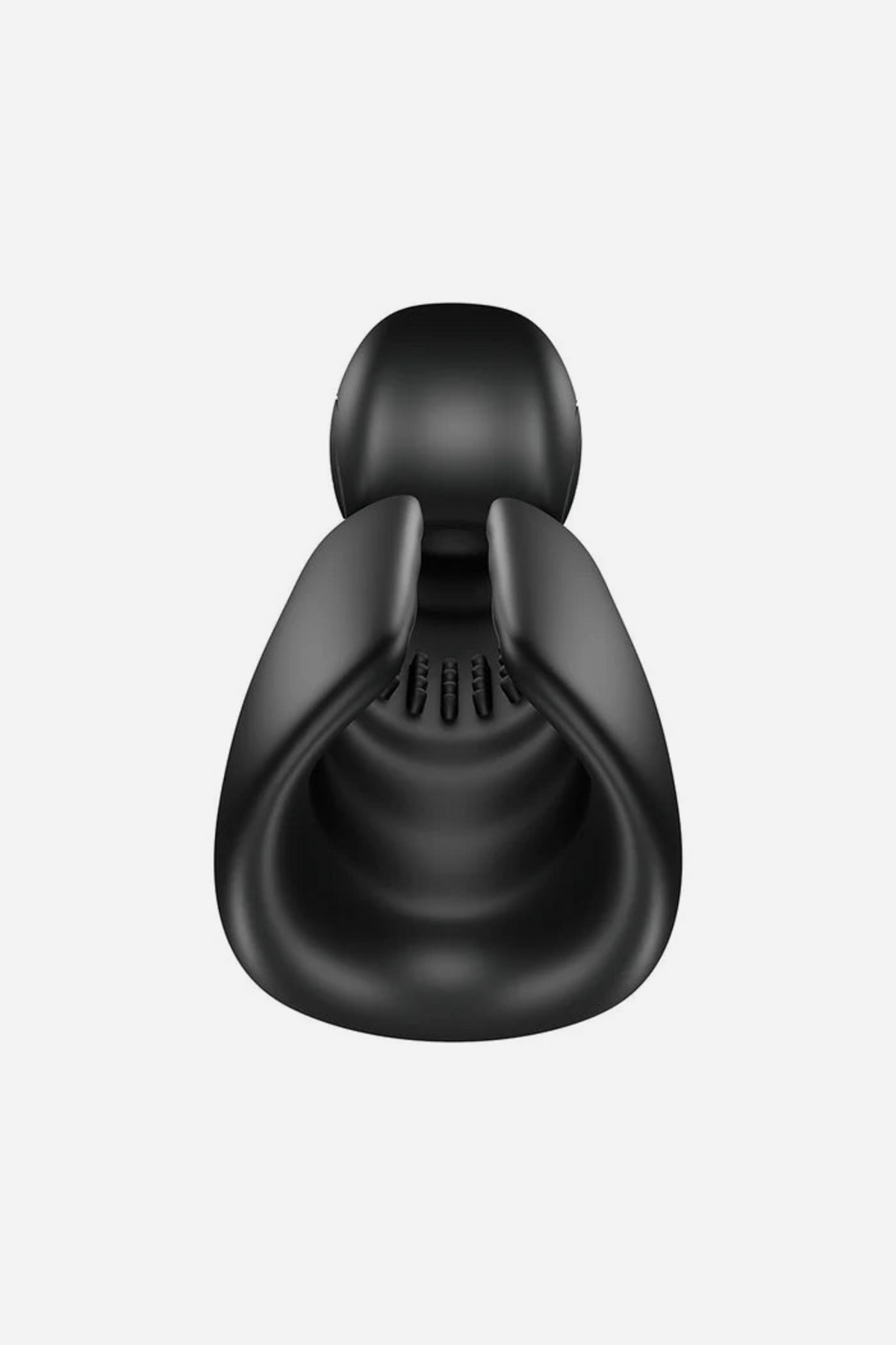 Front view of the black Snail Vibe Evo showing the open-top sleeve with textured inner ridges and the motor housing in the snail head