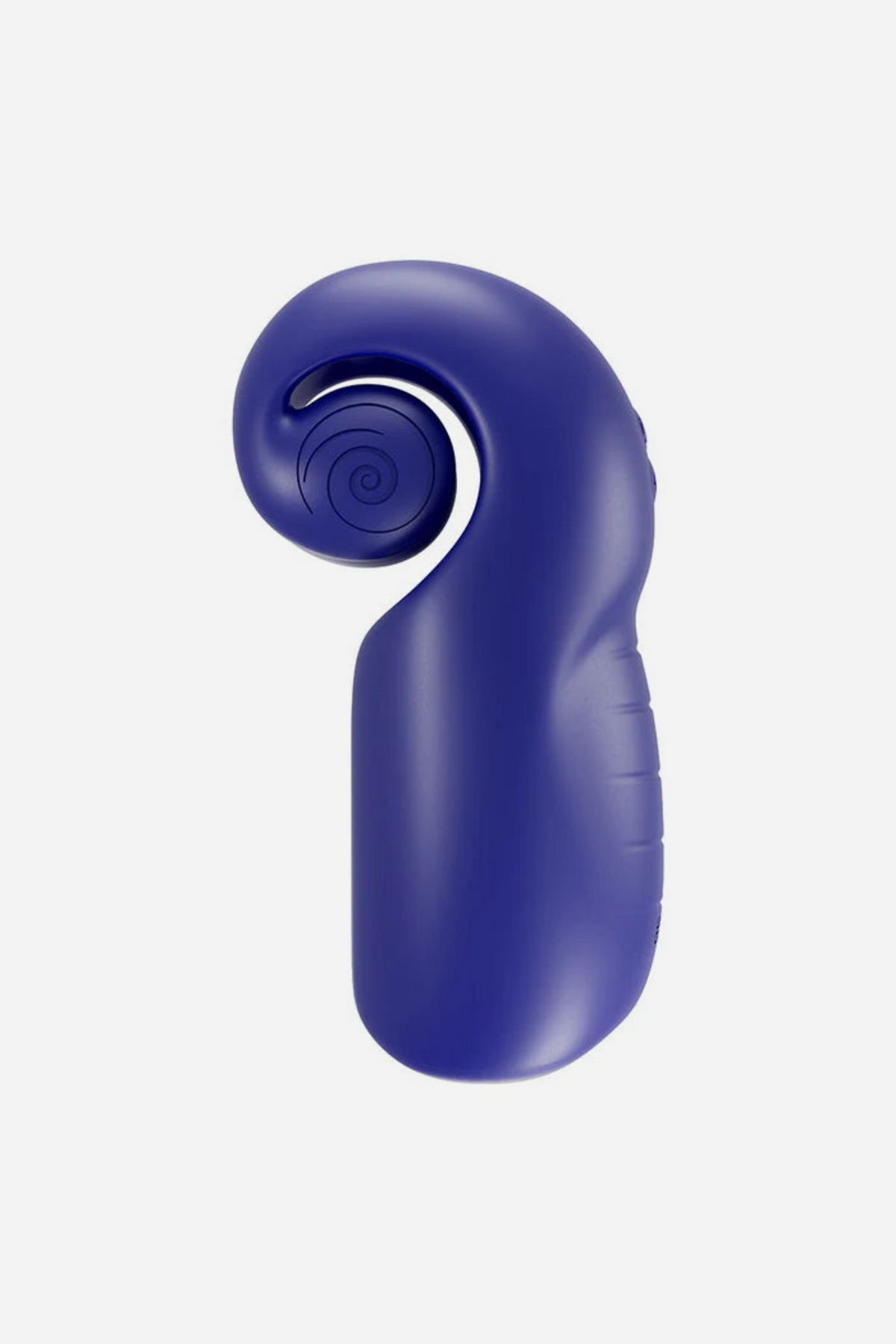 Back view of the navy Snail Vibe Evo Vibrating Stroker, highlighting the spiral snail shell head that houses the powerful tip motor