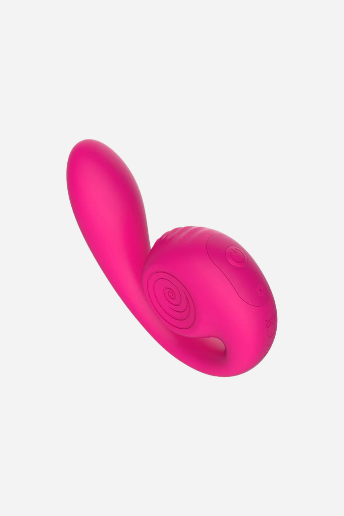 Pink Snail Vibe Gizi Lite curling rabbit vibe on grey, a coiled shell shaped body with a slim arm sweeping out from the spiral.