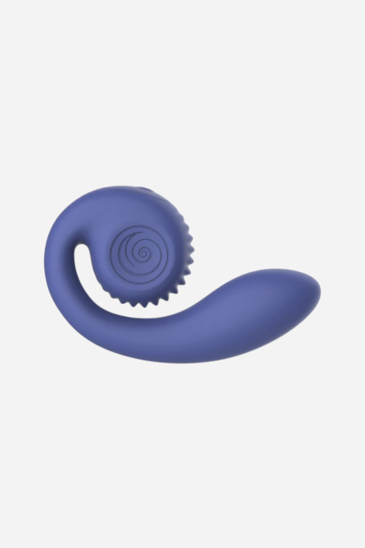 Blue Gizi Lite shown on grey, turned to reveal the ridged suction opening at the centre of its spiral head above the curving arm.
