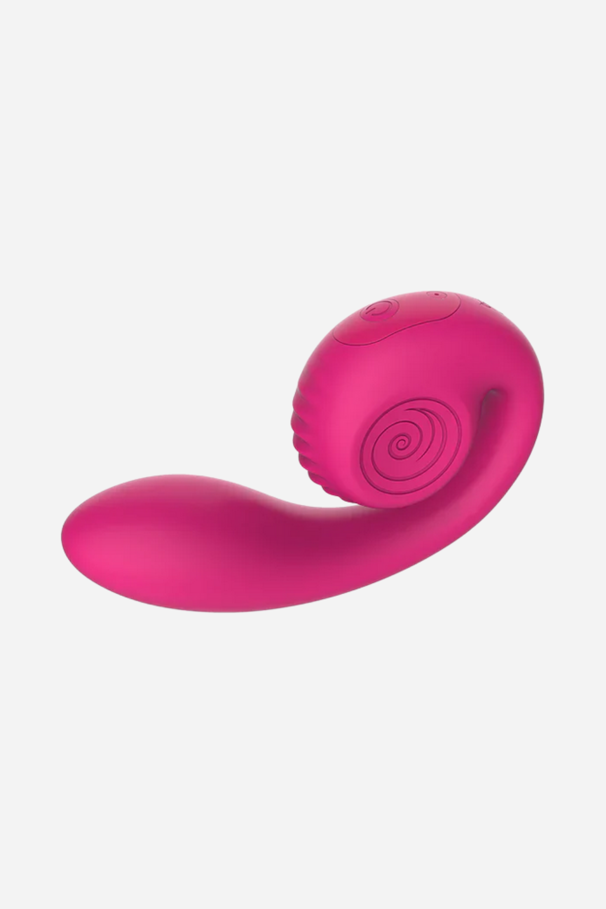 The pink Gizi Lite on grey turned towards the camera, its ridged suction opening visible at the centre of the tightly coiled head.