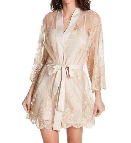 size small model wears an elegant embroidery detailed cover up robe, perfect for bridal lingerie or wedding day getting ready!