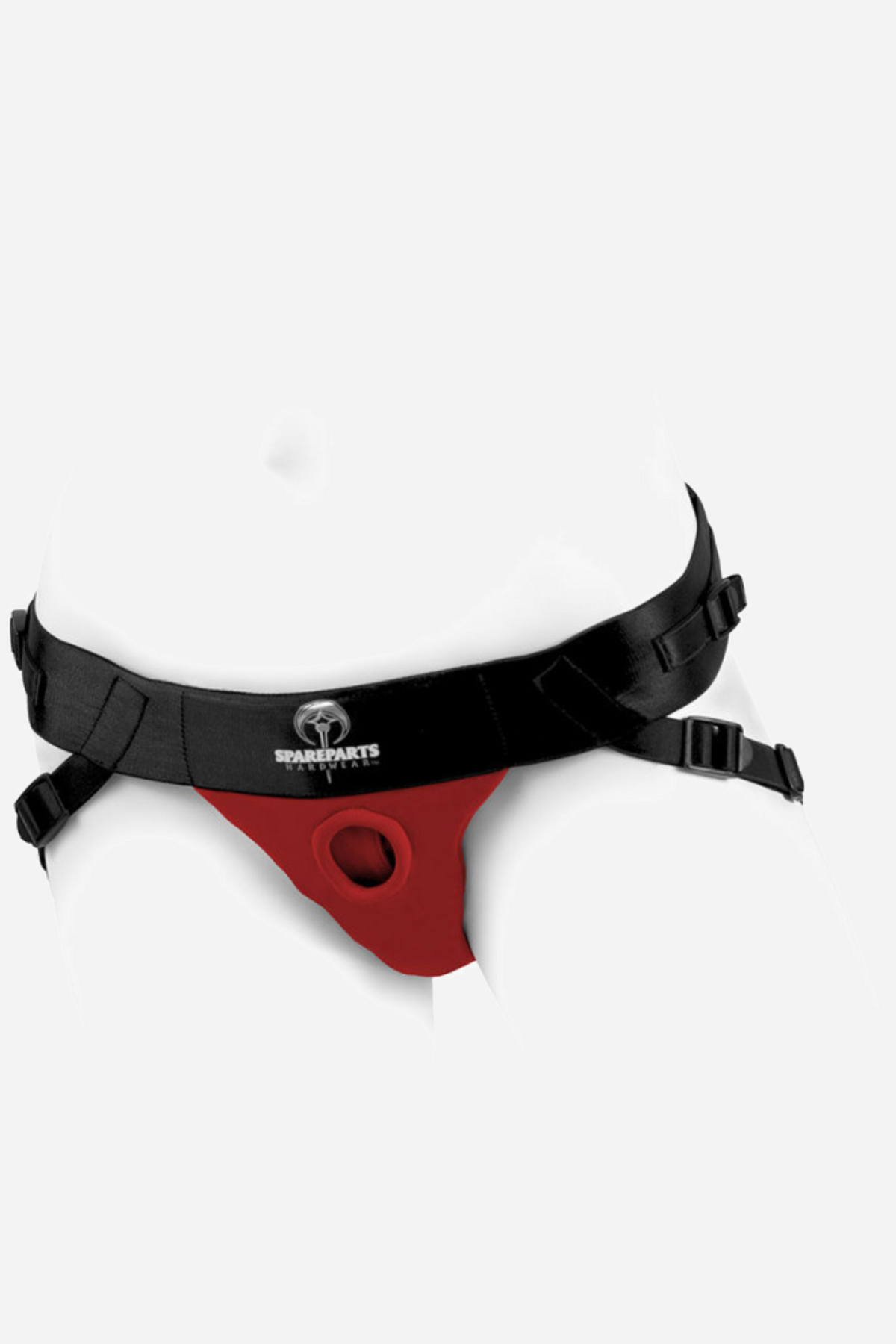The red SpareParts Joque harness worn on a mannequin torso, with the black adjustable waist strap and the branded front panel