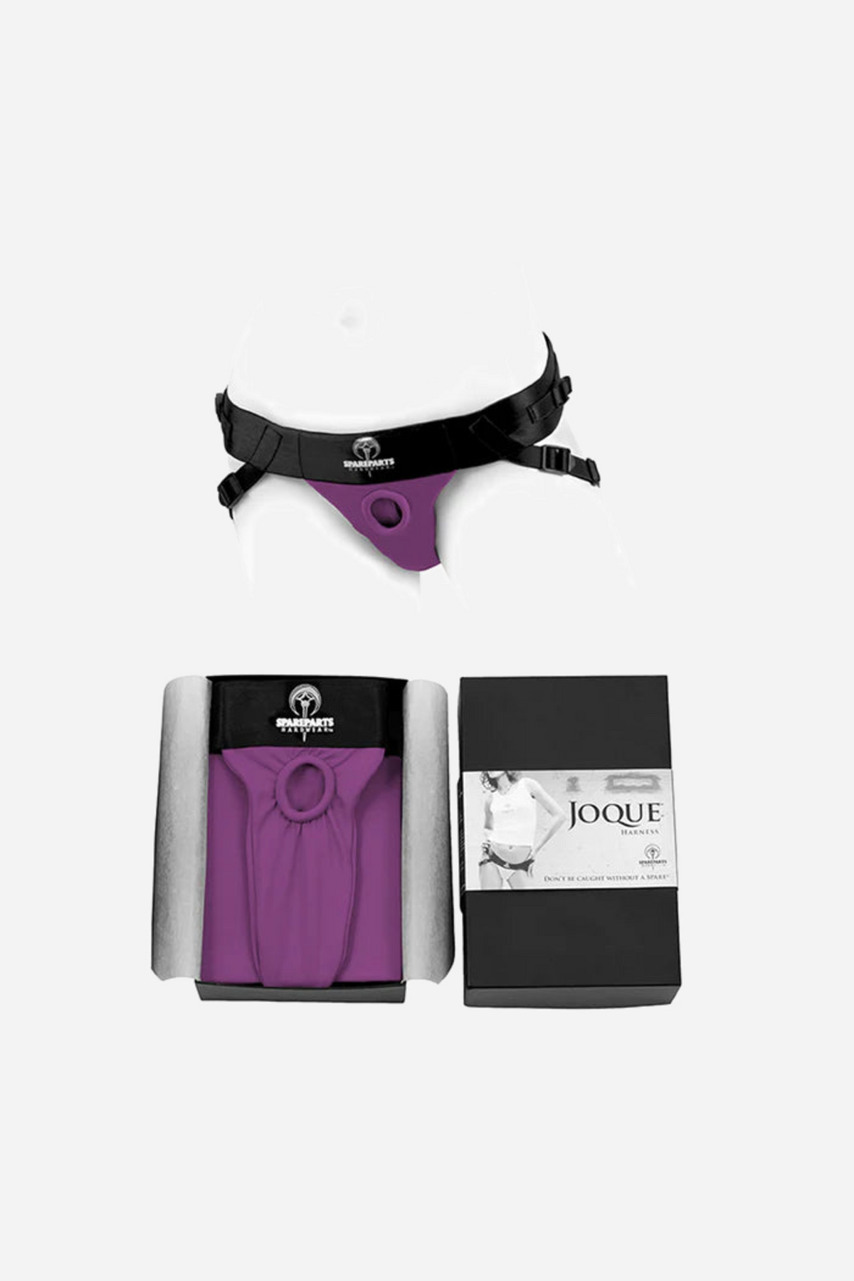 The purple SpareParts Joque harness worn on a mannequin torso, shown above its open black gift box and the printed outer packaging sleeve
