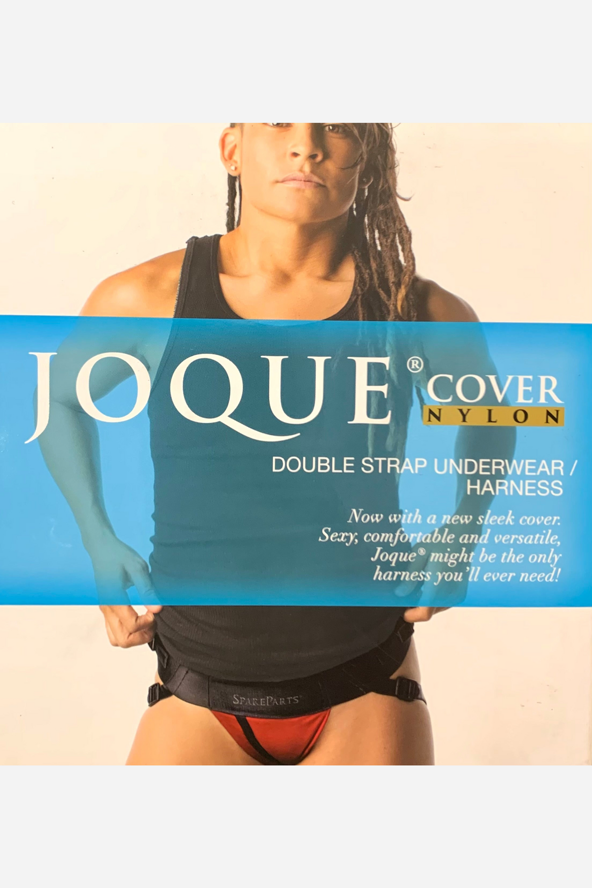 The Joque Cover Nylon packaging front, showing a model wearing the double strap harness under a black vest with the product name