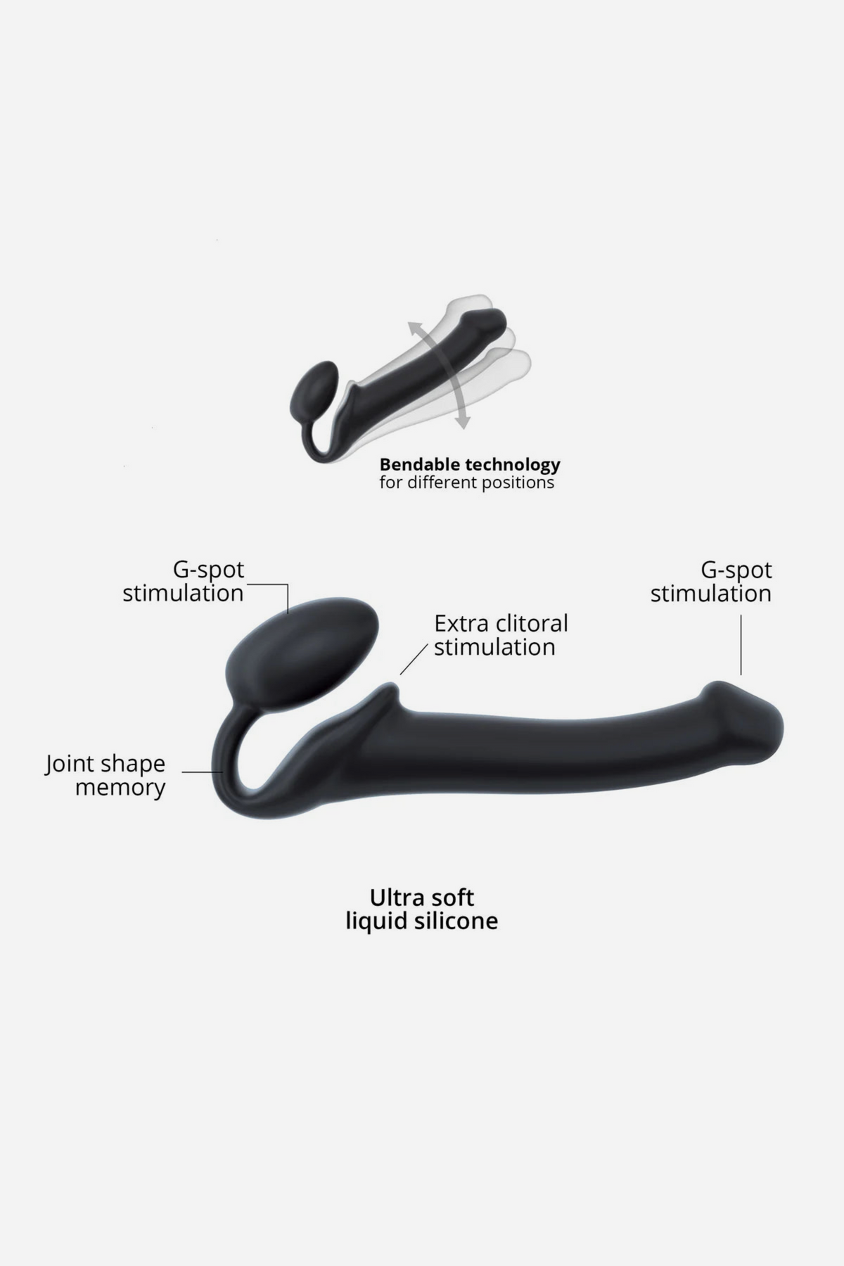 Strap-On-Me strapless dildo in black with labels for bendable technology, G-spot and clitoral stimulation, shape memory and soft silicone