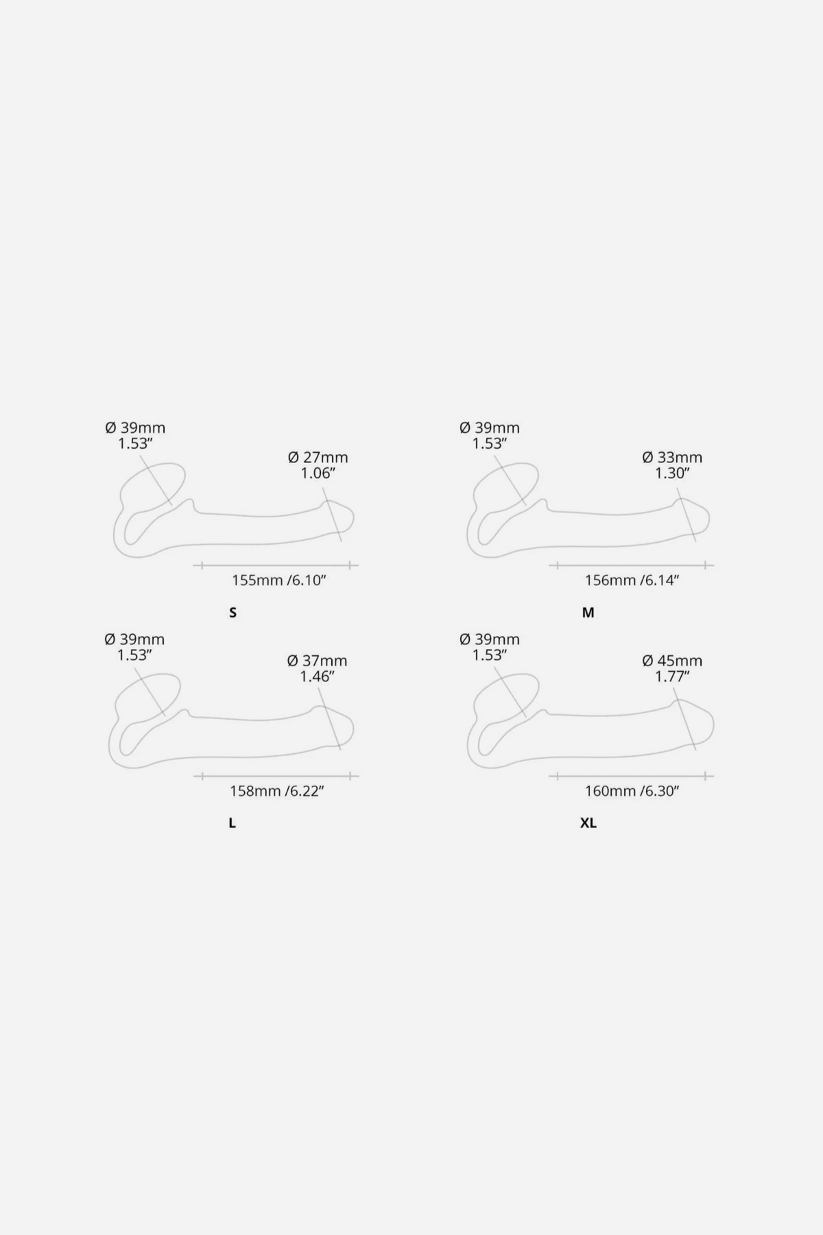 Size chart for the Strap-On-Me adjustable strapless dildo in black, outlining shaft length and diameter for the S, M, L and XL sizes