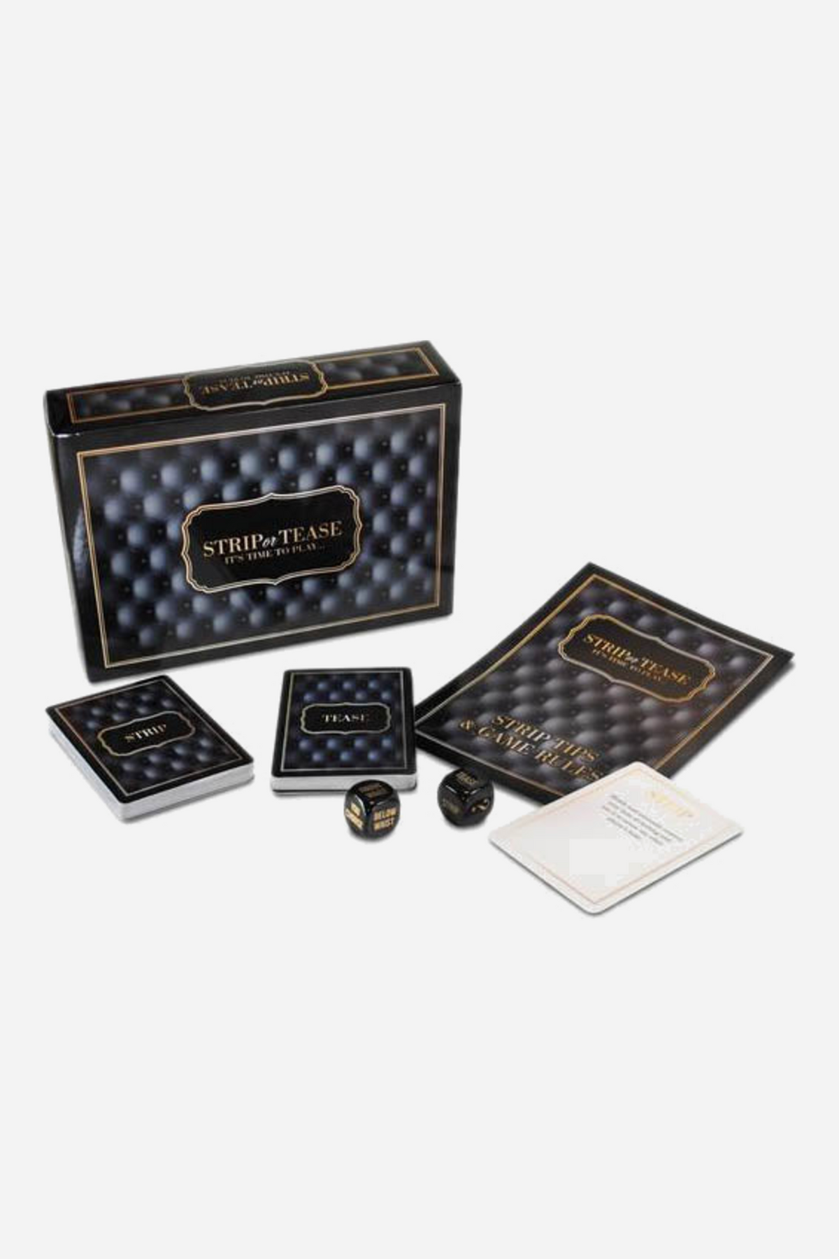 Strip or Tease game set in black tufted-leather print with gold trim: the box, Strip and Tease card decks, two black dice, a rules booklet and a card