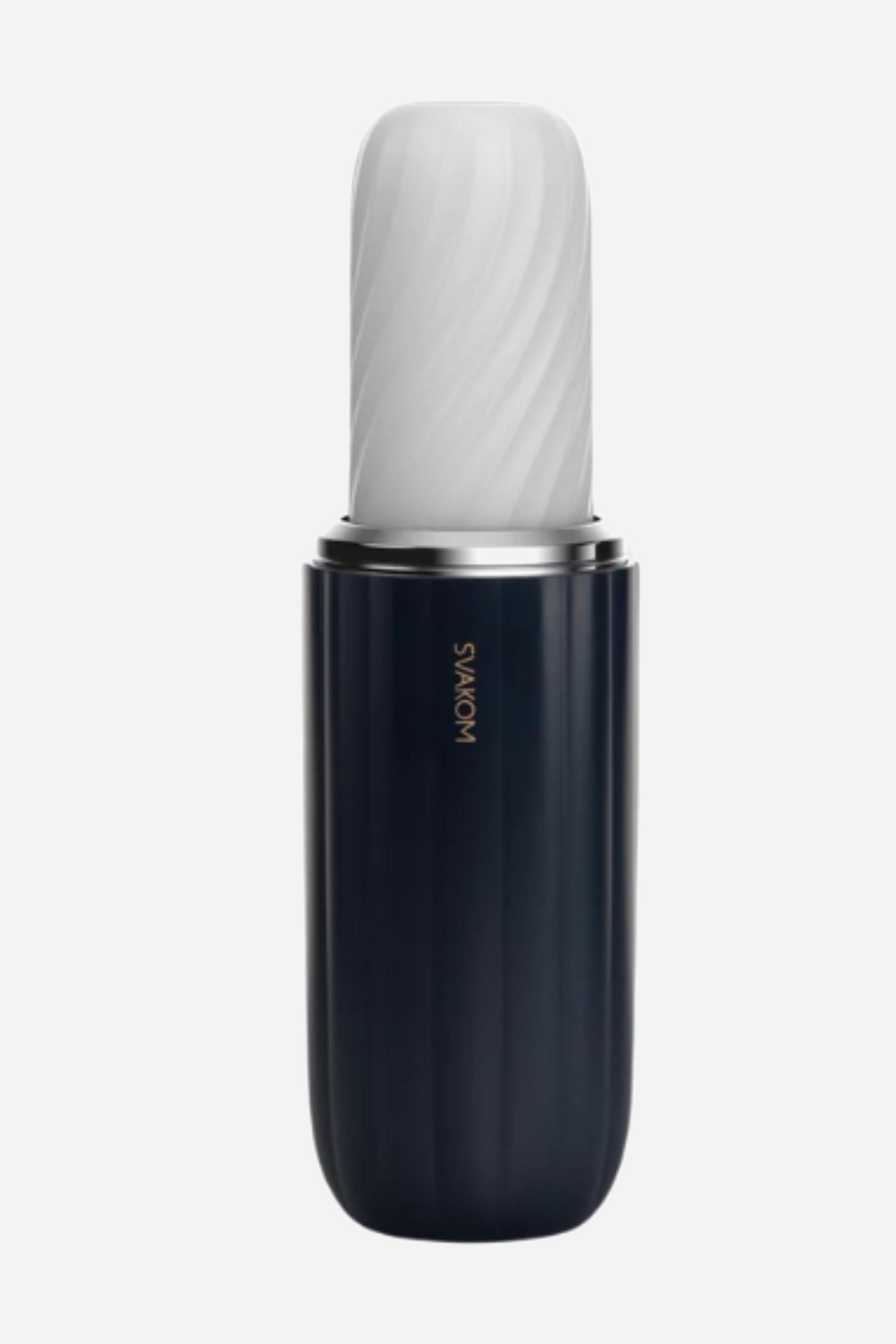 Svakom Alex Neo 2 stroker standing upright, a navy body with a clear top section holding a white textured sleeve