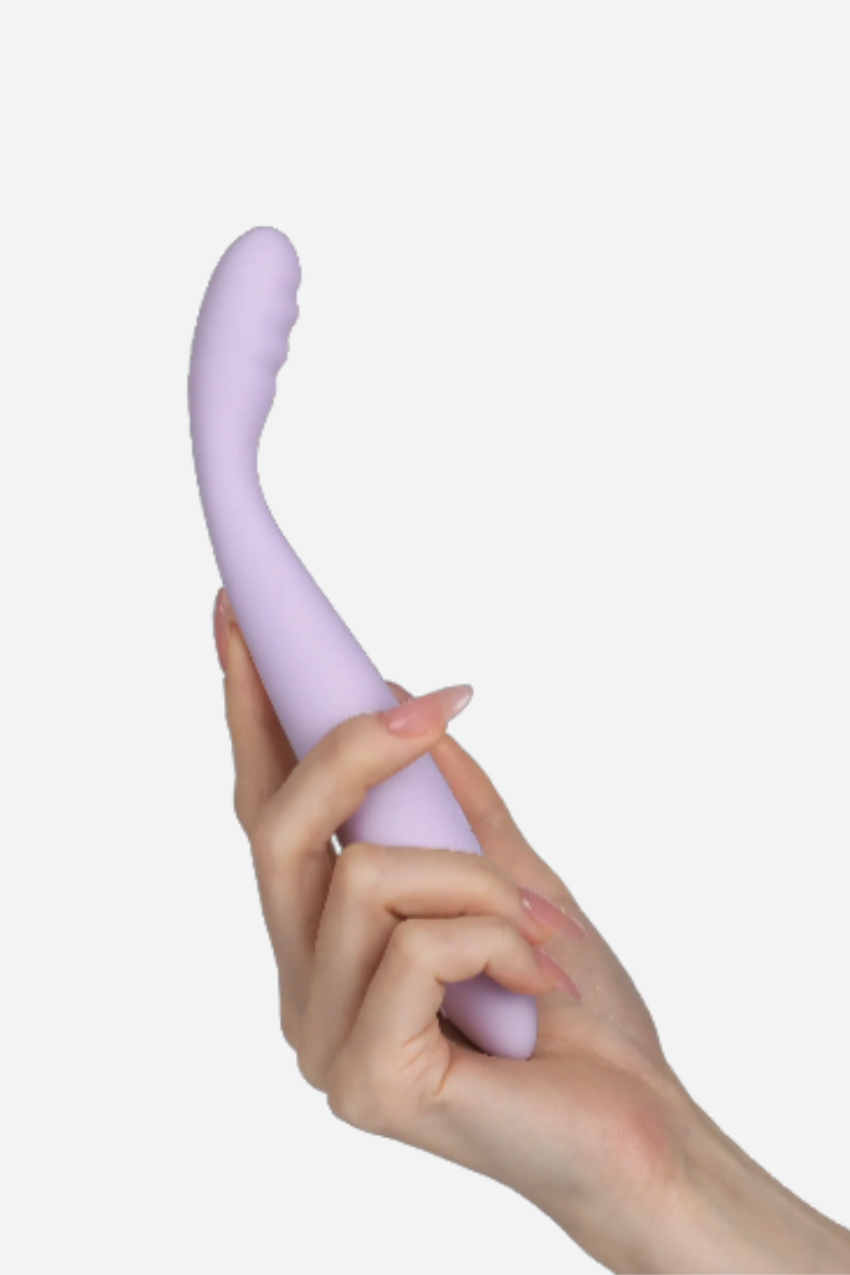 A hand holding the lavender Svakom CiCi 2 ultra slim vibrator on grey, its long flexible shaft curving up to a soft bulbous tip.