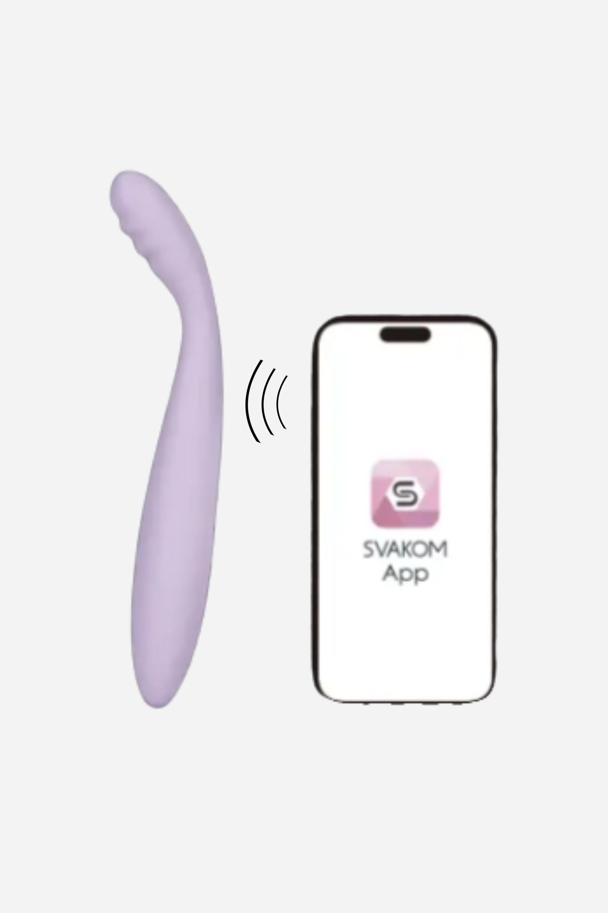 The lavender CiCi 2 beside a phone showing the Svakom app on grey, with curved signal lines between them for remote app control.