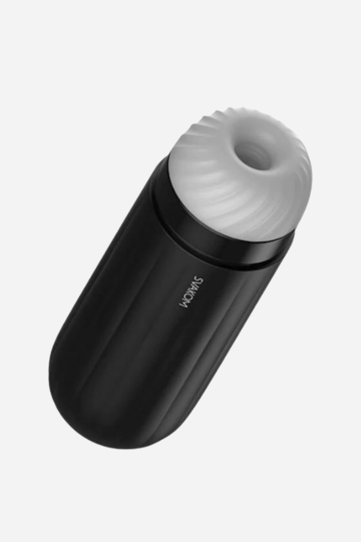 Svakom Sam Neo stroker lying at an angle, a black body with a ribbed clear-white silicone opening at the top