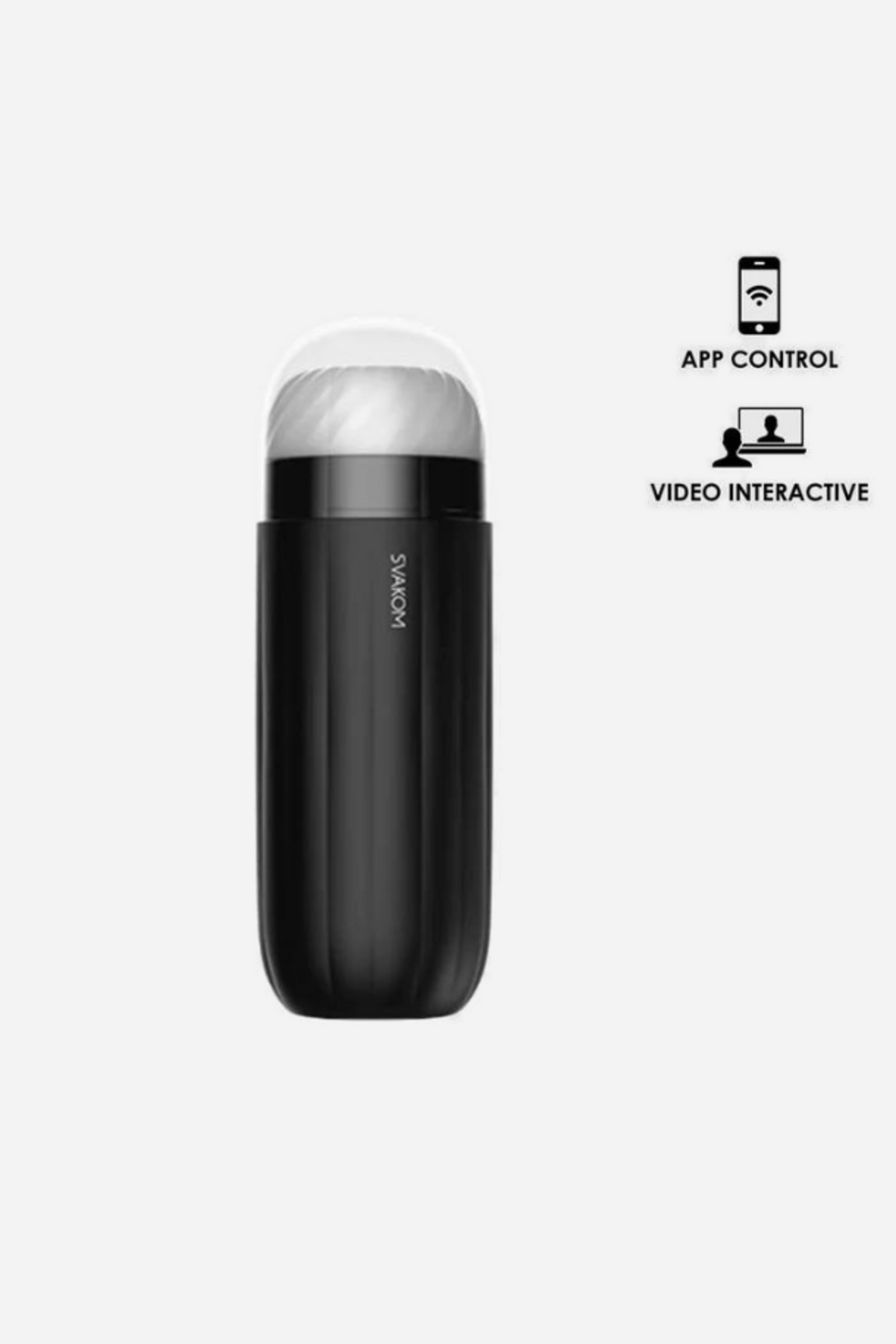 The black Sam Neo stroker upright beside app control and video interactive icons