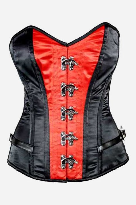 Front of the Tempest overbust corset in black satin with a red center panel, dramatic sweetheart neckline and silver hook clasps