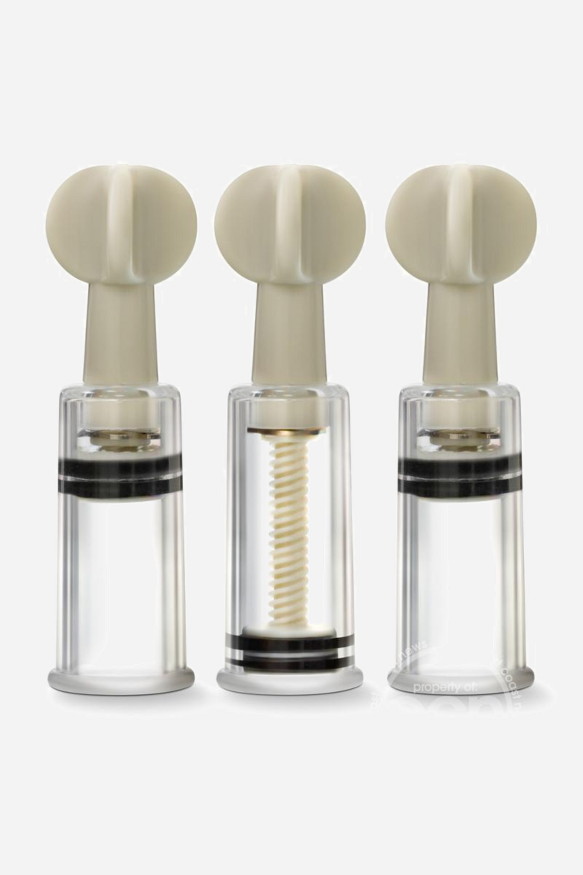 Tempt and Twist set of three clear cylinder suckers standing in a row, each with a cream twist top and the screw mechanism inside.
