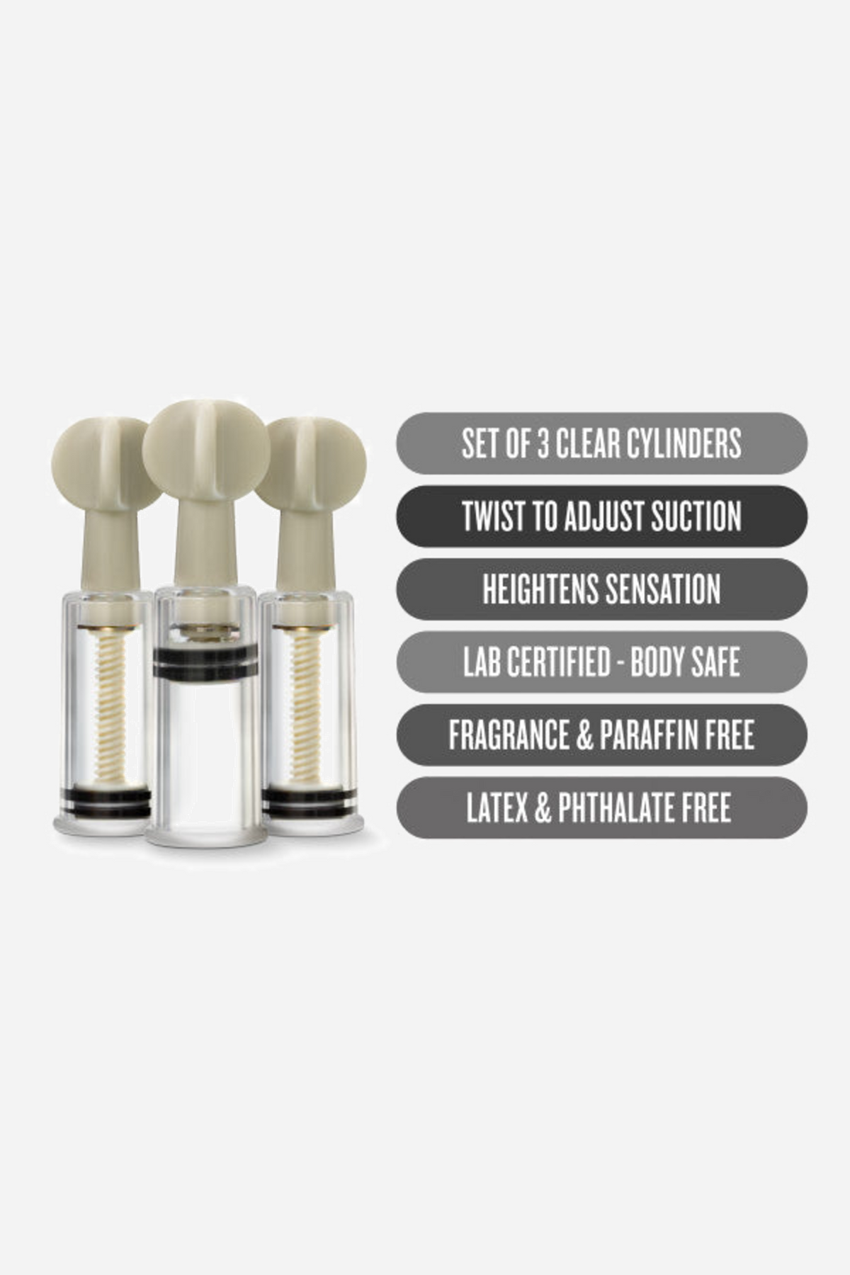 The three Tempt and Twist suckers beside feature labels: set of three clear cylinders, twist to adjust suction, body safe and latex free.