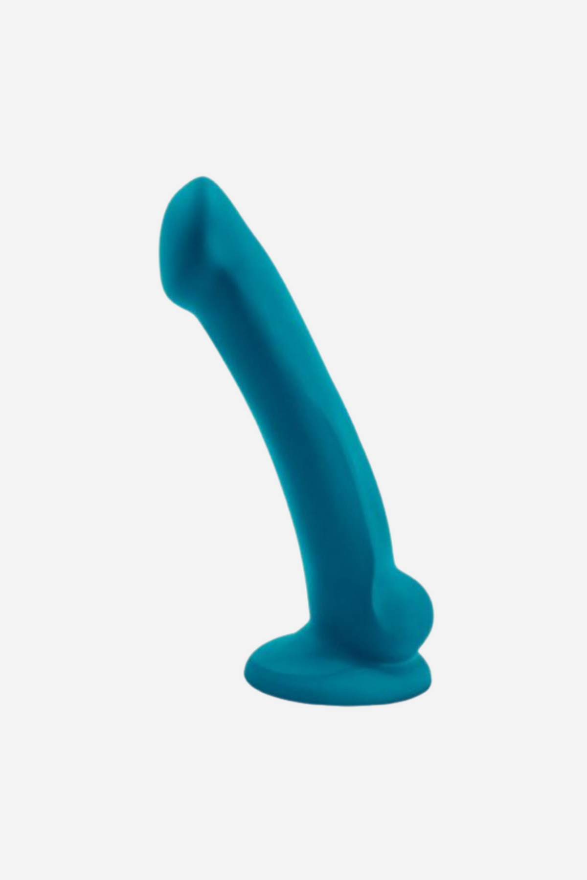 A teal silicone dildo standing upright on its round suction base, the shaft gently curved with a smooth tapered tip, on a plain grey backdrop.