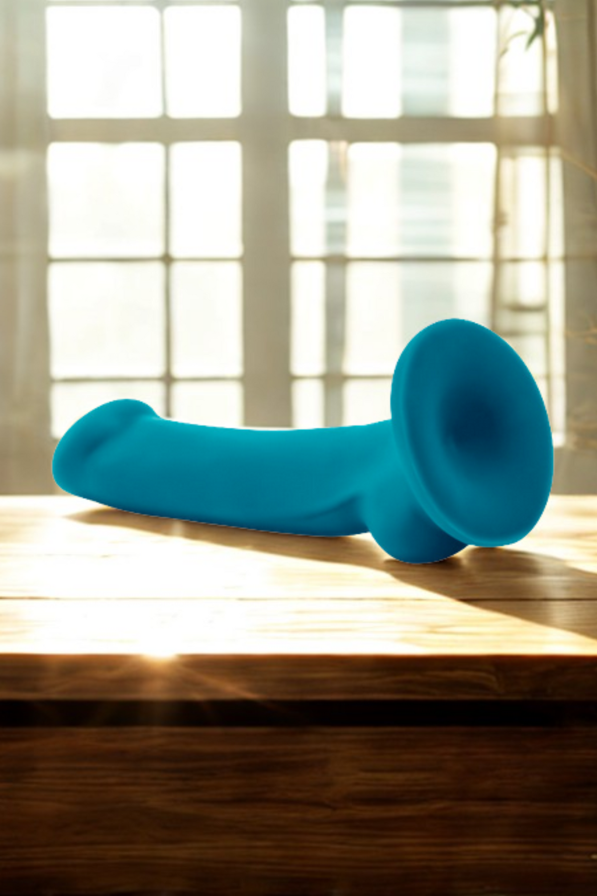 The same teal dildo lying on its side on a sunlit wooden table, suction base facing the camera, with a bright paned window behind it.