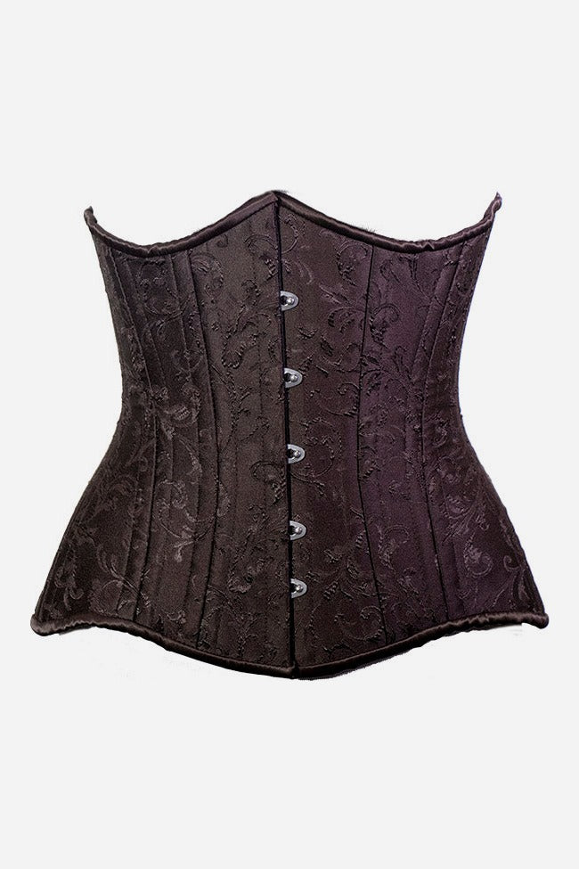 Front of the Temptress long-line underbust corset in dark brown floral brocade with a silver front busk closure and curved scalloped hem