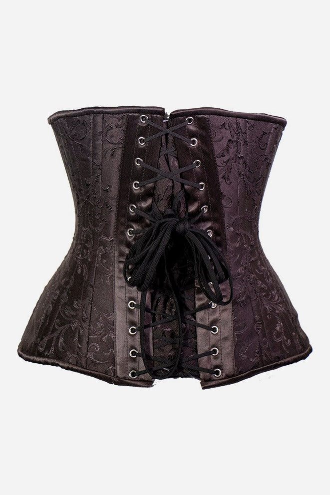 Back of the brown brocade Temptress underbust corset showing black lacing through grommets with a brown modesty panel behind the laces