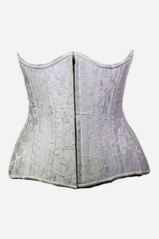 Front of the Temptress long-line underbust corset in white floral brocade with a centre front busk closure and curved scalloped hem