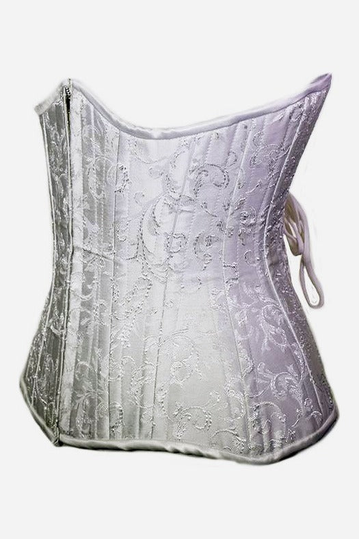 Side view of the white brocade Temptress underbust corset showing its hourglass curve, flared hip line and the lacing ties at the back