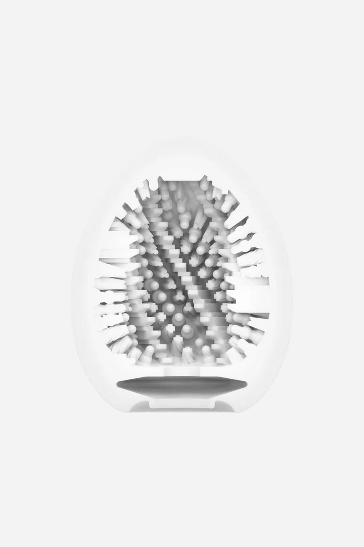 Cutaway of the Tenga Egg Combo sleeve, showing a mix of pointed studs and long ridges moulded into the white interior of the stroker