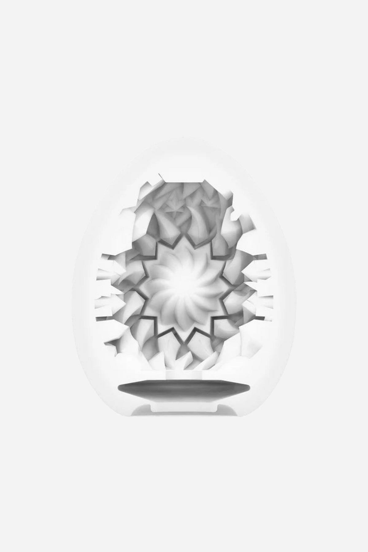 Cutaway of the Tenga Egg Shiny sleeve, showing the large petal shaped lobes radiating out across the white interior of the stroker