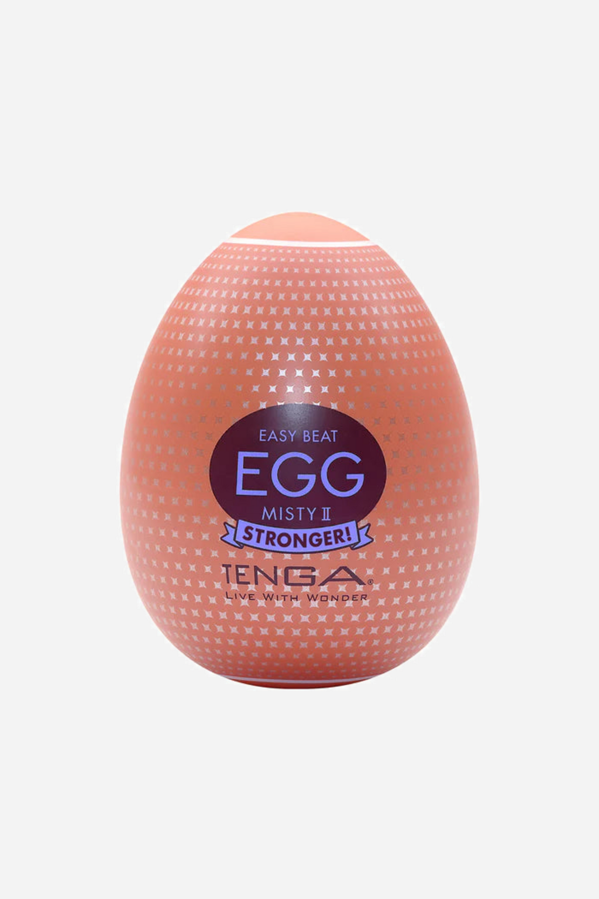 A coral pink Tenga Egg stroker with a fine mesh textured shell and a purple and white EGG label, shown on a plain background