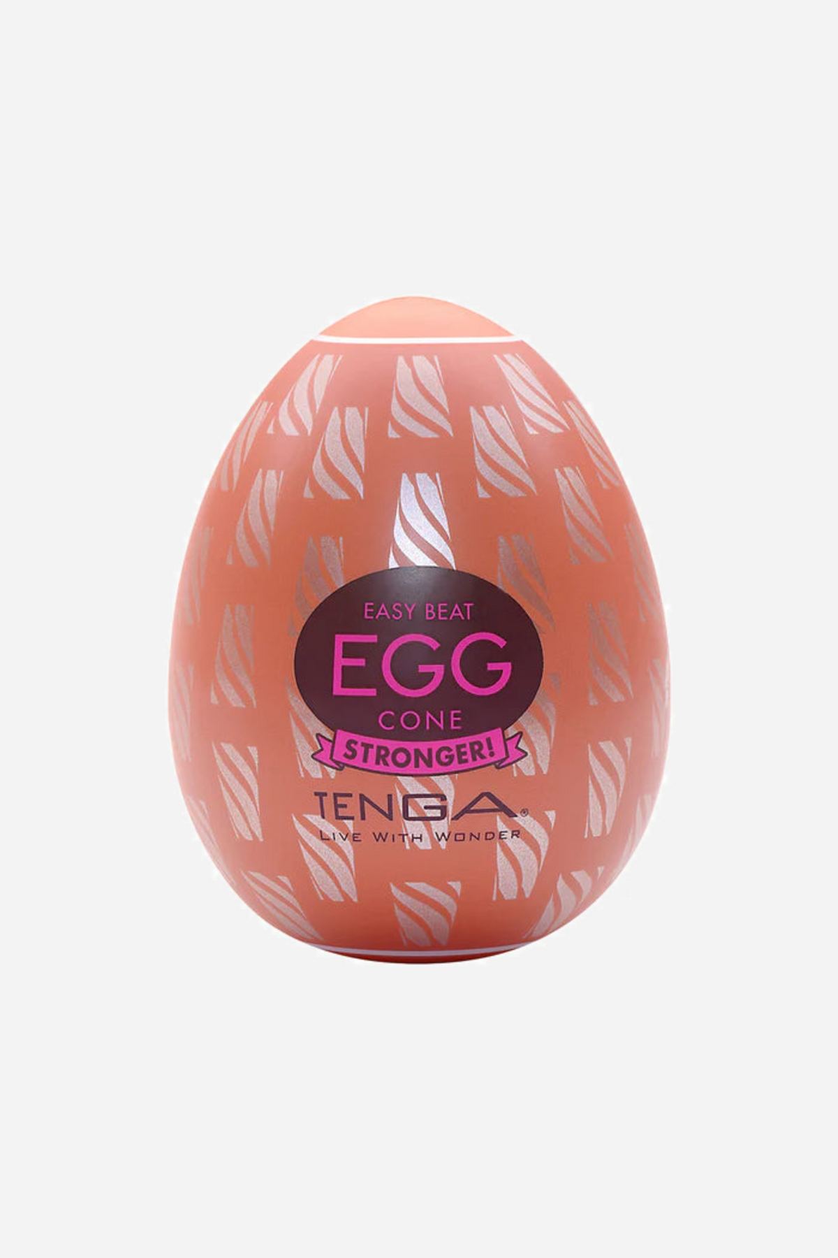 A coral pink Tenga Egg stroker with a leaf patterned shell and a magenta and white EGG label, standing upright on a plain background