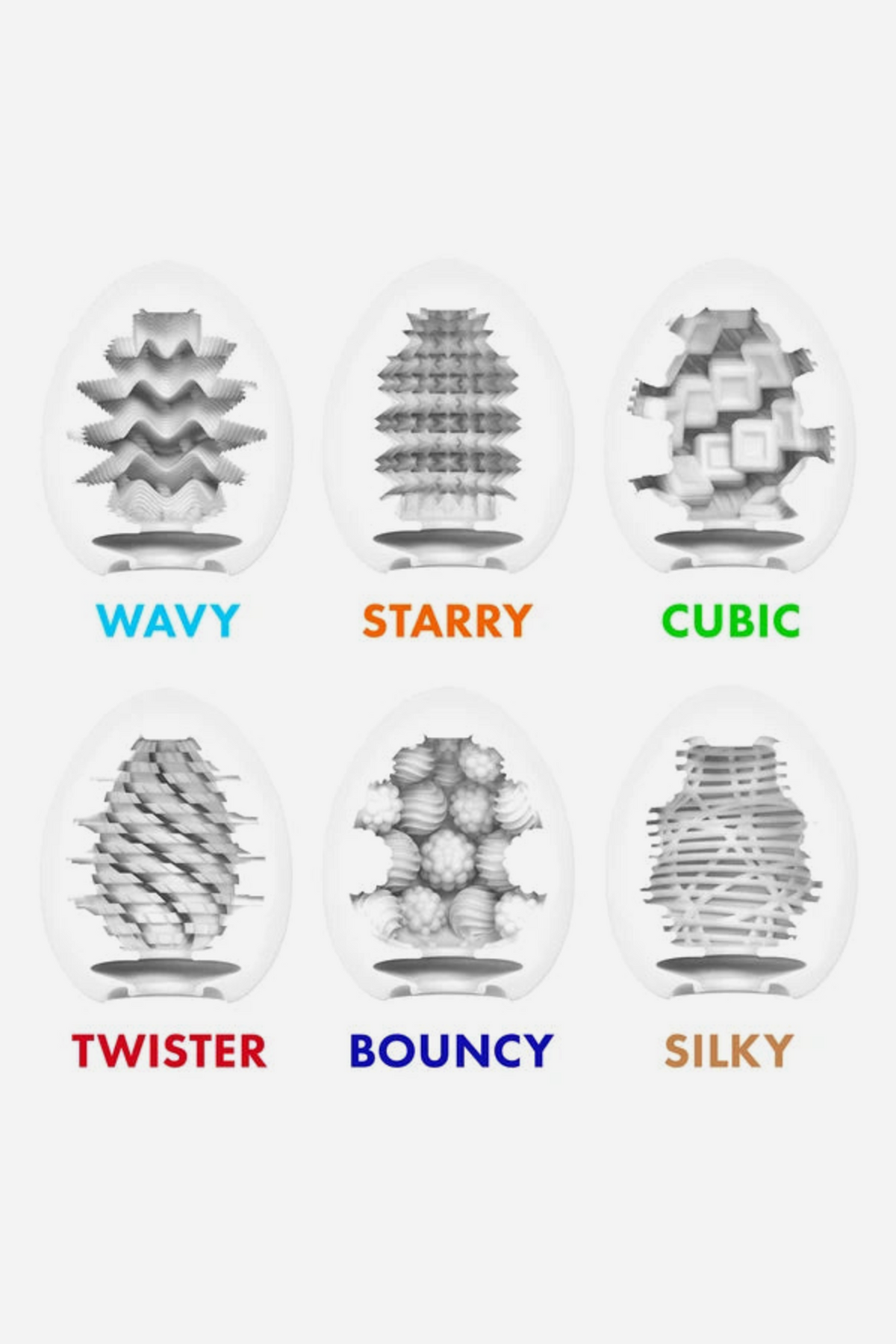 Chart of the six Tenga Egg inner textures, Wavy, Starry, Cubic, Twister, Bouncy and Silky, showing the nub pattern inside each sleeve