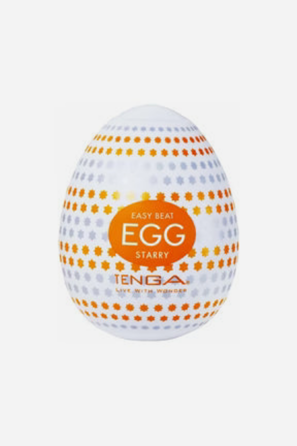 Tenga Egg Starry stroker in its white shell with an orange polka-dot star pattern, with small nubs covering the stretchy inner sleeve
