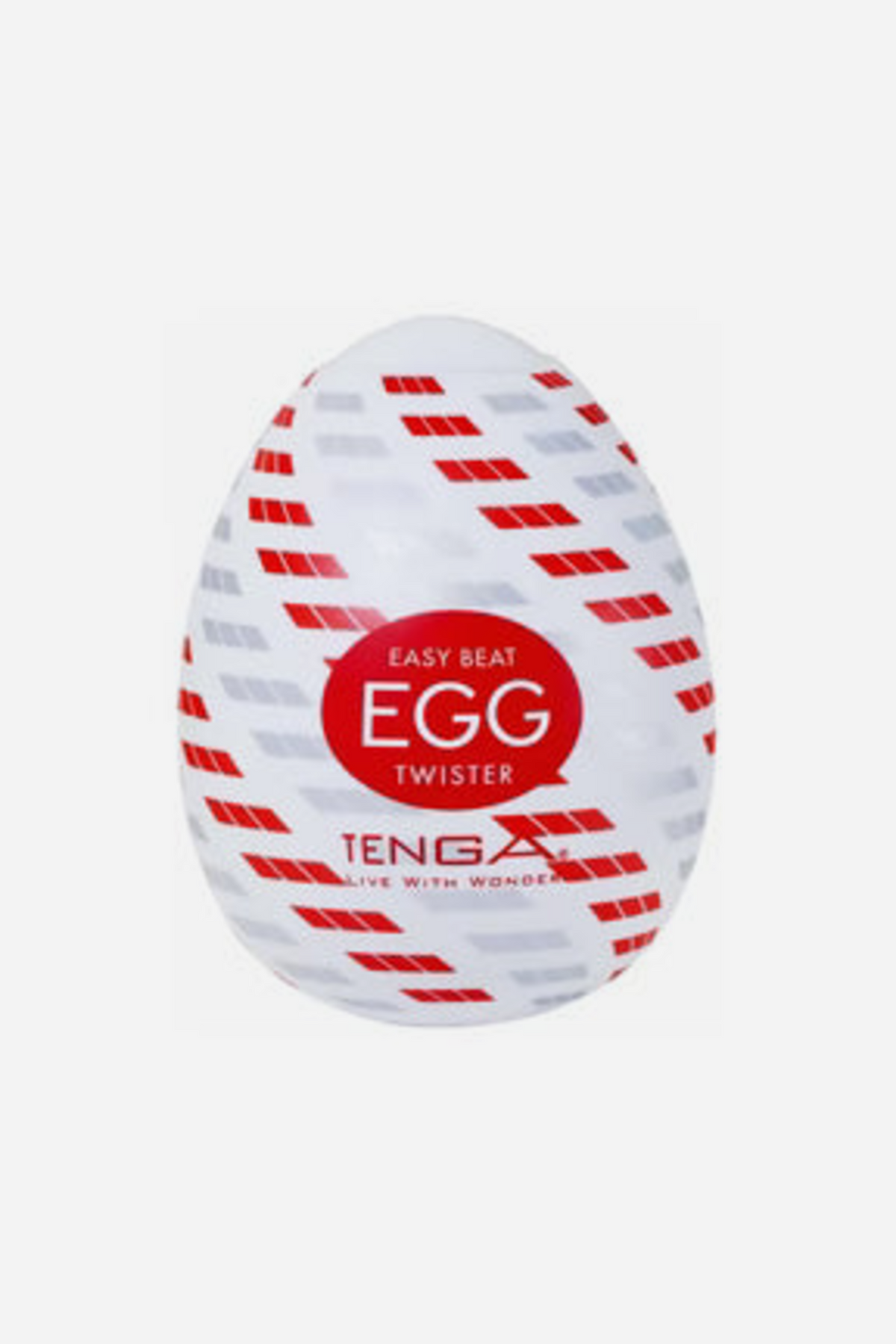 Tenga Egg Twister stroker in its white shell with red diagonal stripes, with a twisting spiral texture running through the sleeve