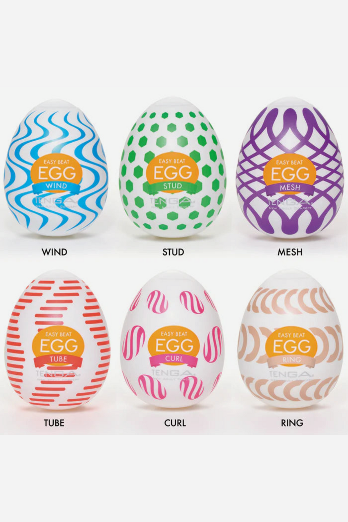 Tenga Egg Wonder series of six single-use egg strokers in Wind, Stud, Mesh, Tube, Curl and Ring designs, each with its own colourful pattern