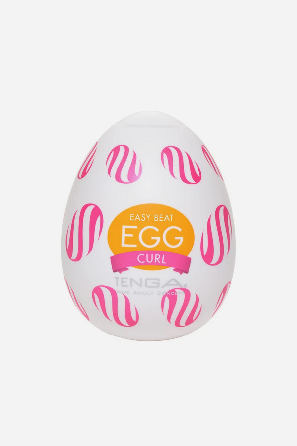 Tenga Egg Wonder Curl stroker, a white egg-shaped case decorated with pink curling swirl shapes and the orange Tenga Egg label on the front