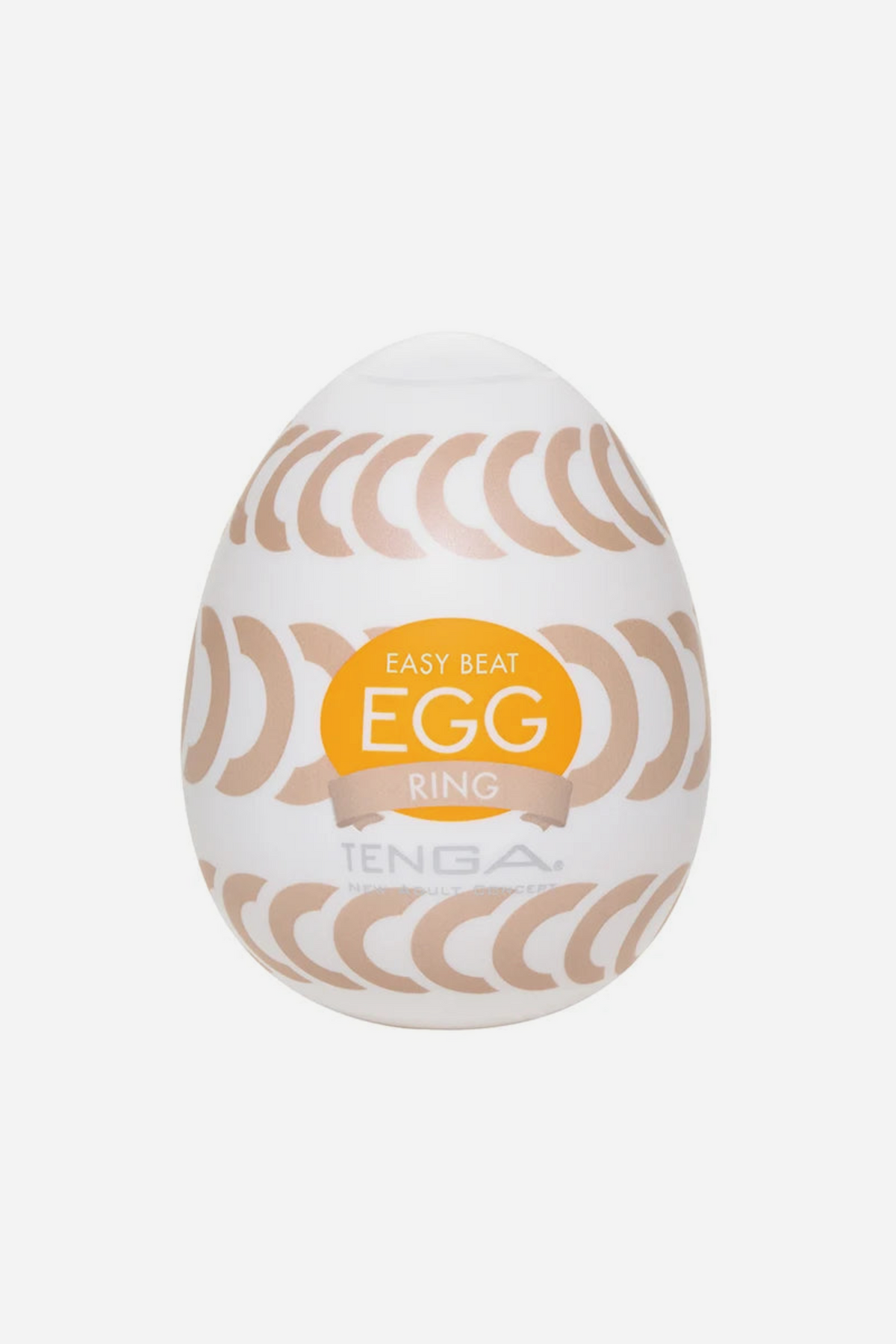 Tenga Egg Wonder Ring stroker, a white egg-shaped case printed with tan and brown ring bands and the orange Tenga Egg label on the front