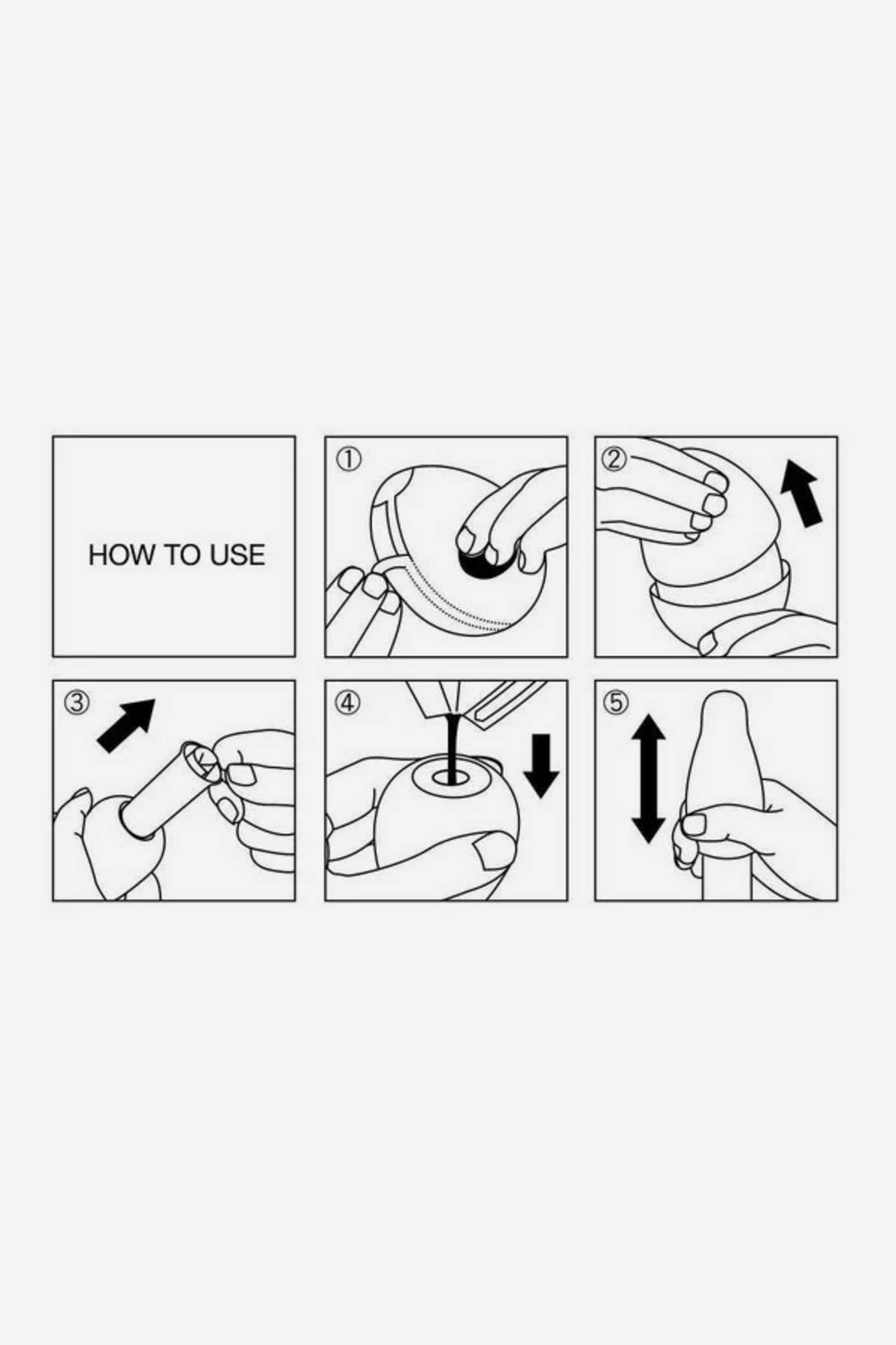 Illustrated how-to-use guide for the Tenga Egg, showing step by step how to open the egg, add the lubricant, stretch the sleeve and use it