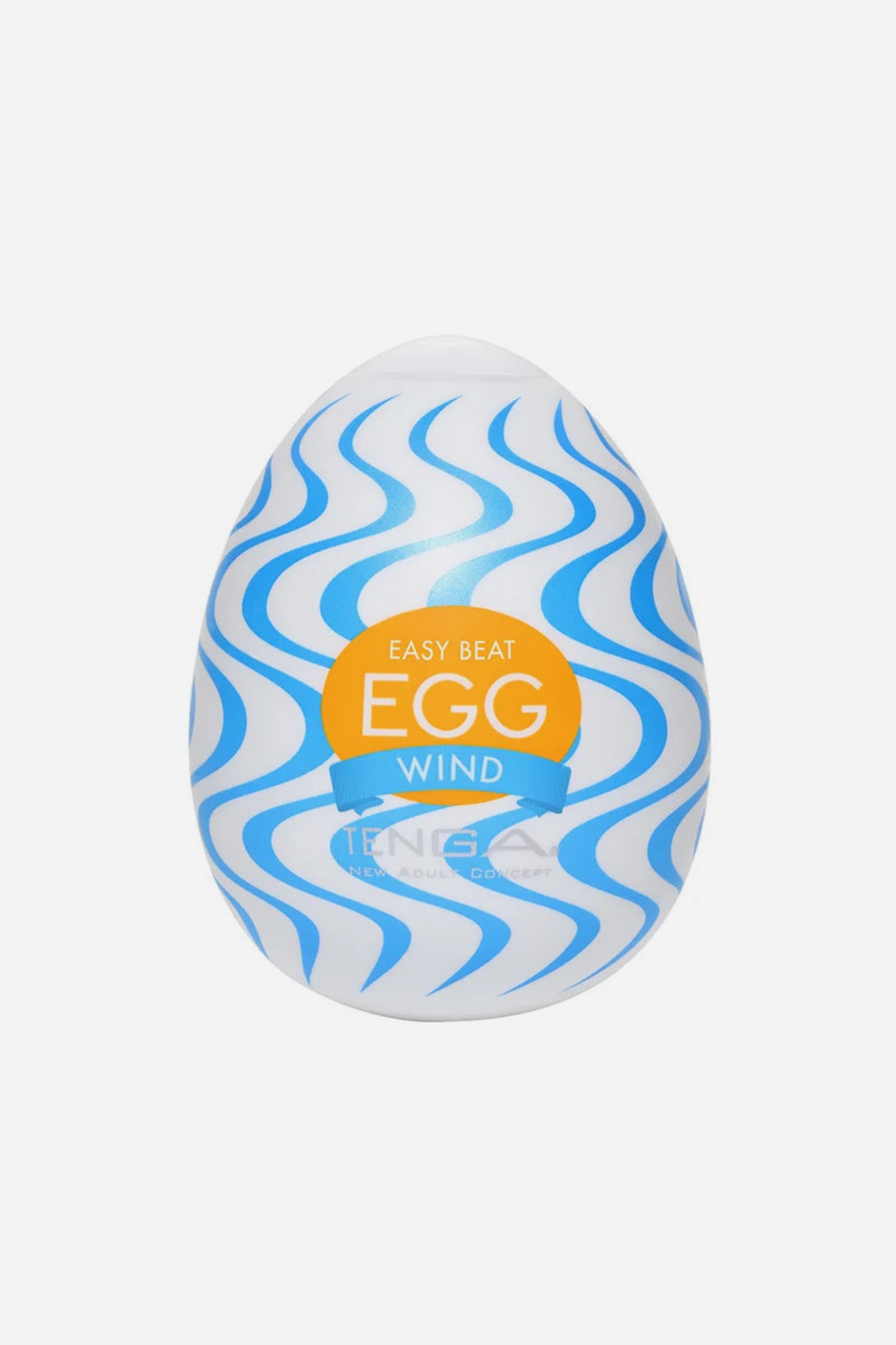 Tenga Egg Wonder Wind stroker, a white egg-shaped case wrapped in flowing blue wave lines with the orange Tenga Egg label on the front