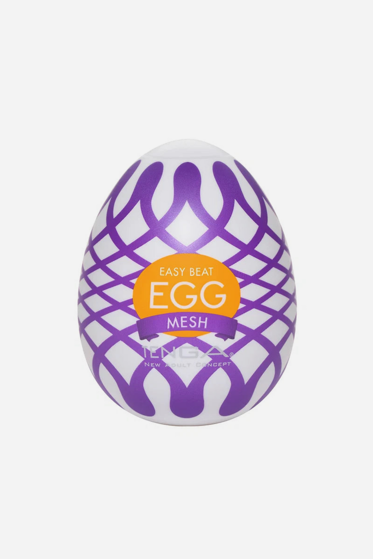 Tenga Egg Wonder Mesh stroker, a white egg-shaped case printed with a purple woven lattice pattern and the orange Tenga Egg label