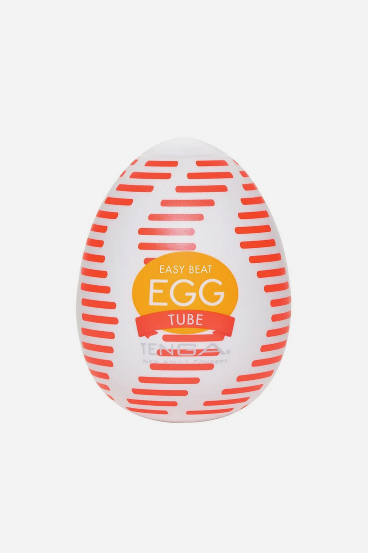 Tenga Egg Wonder Tube stroker, a white egg-shaped case printed with bold red curved stripes and the orange Tenga Egg label on the front
