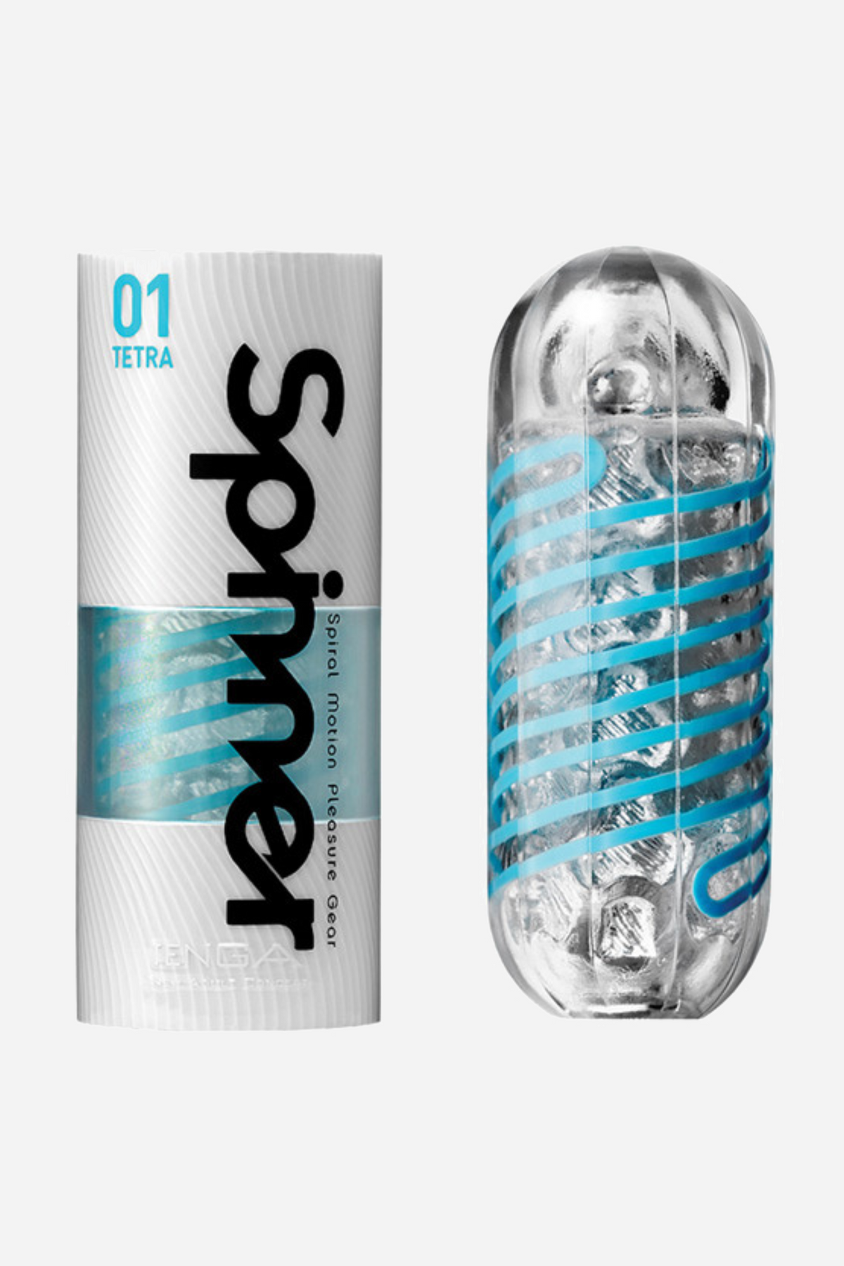 Tenga Spinner Tetra in its pale blue case beside the clear stroker, whose inner coil of blue geometric tiles twists along its length.