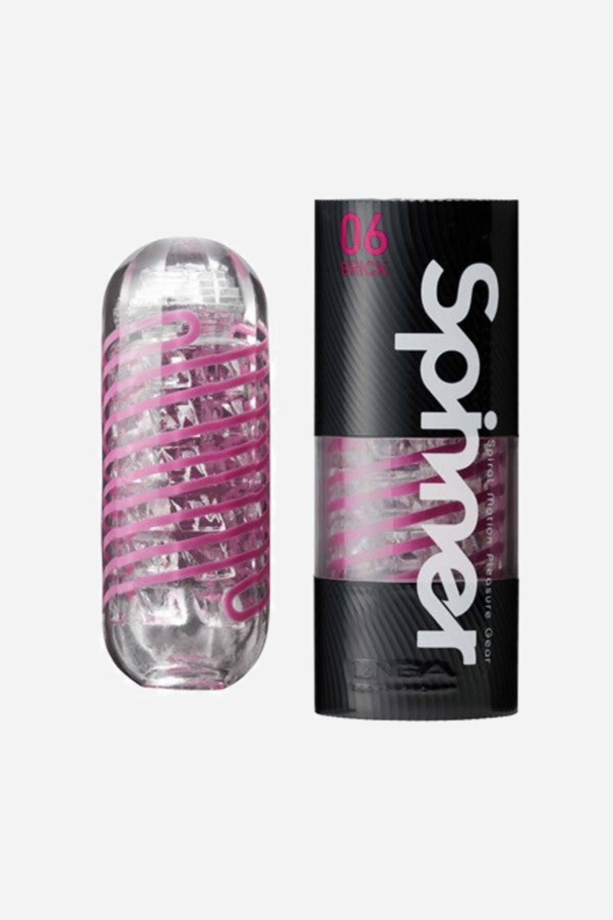 Tenga Spinner Brick in a black case alongside the clear stroker, whose inside carries a coil of pink impacting brick shaped tiles.