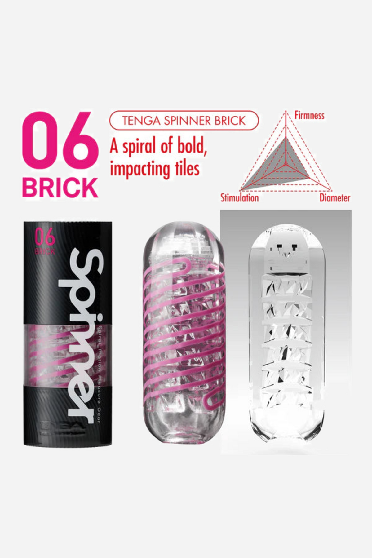 Tenga Spinner 06 Brick panel with the black case, the pink coiled stroker and a line describing a spiral of bold impacting tiles.