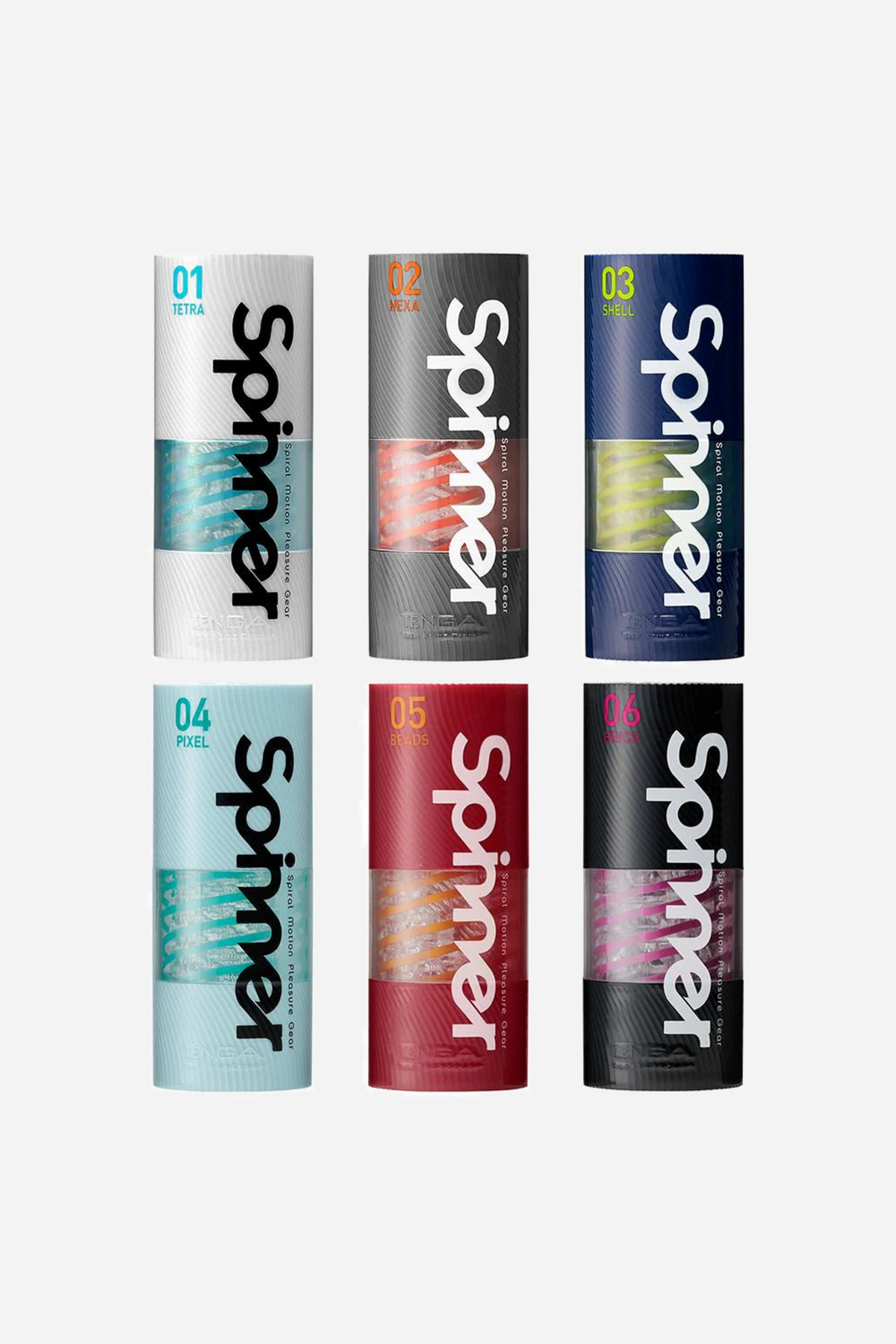 All six Tenga Spinner strokers arranged in two rows of three, each in its own case, from pale blue Tetra through to black Brick.