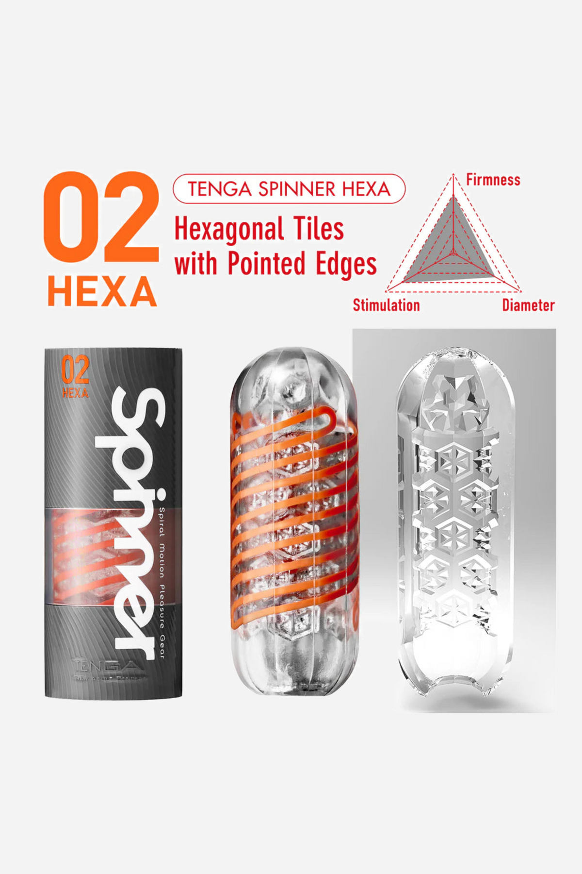 Tenga Spinner 02 Hexa panel with the grey case, the orange coiled stroker and a line describing hexagonal tiles with pointed edges.